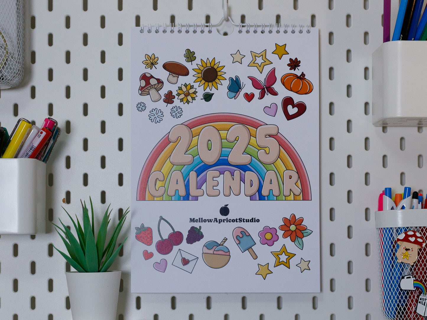 2025 Colourful Wall Calendar hanging on office peg board - Cover Page