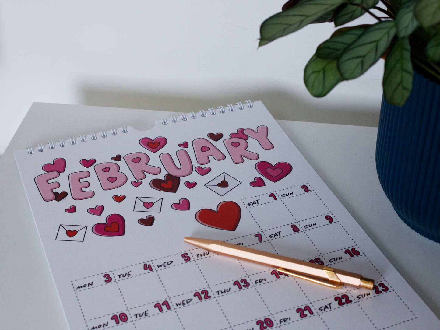 2025 Colourful Wall Calendar laying flat - February with Heart Design