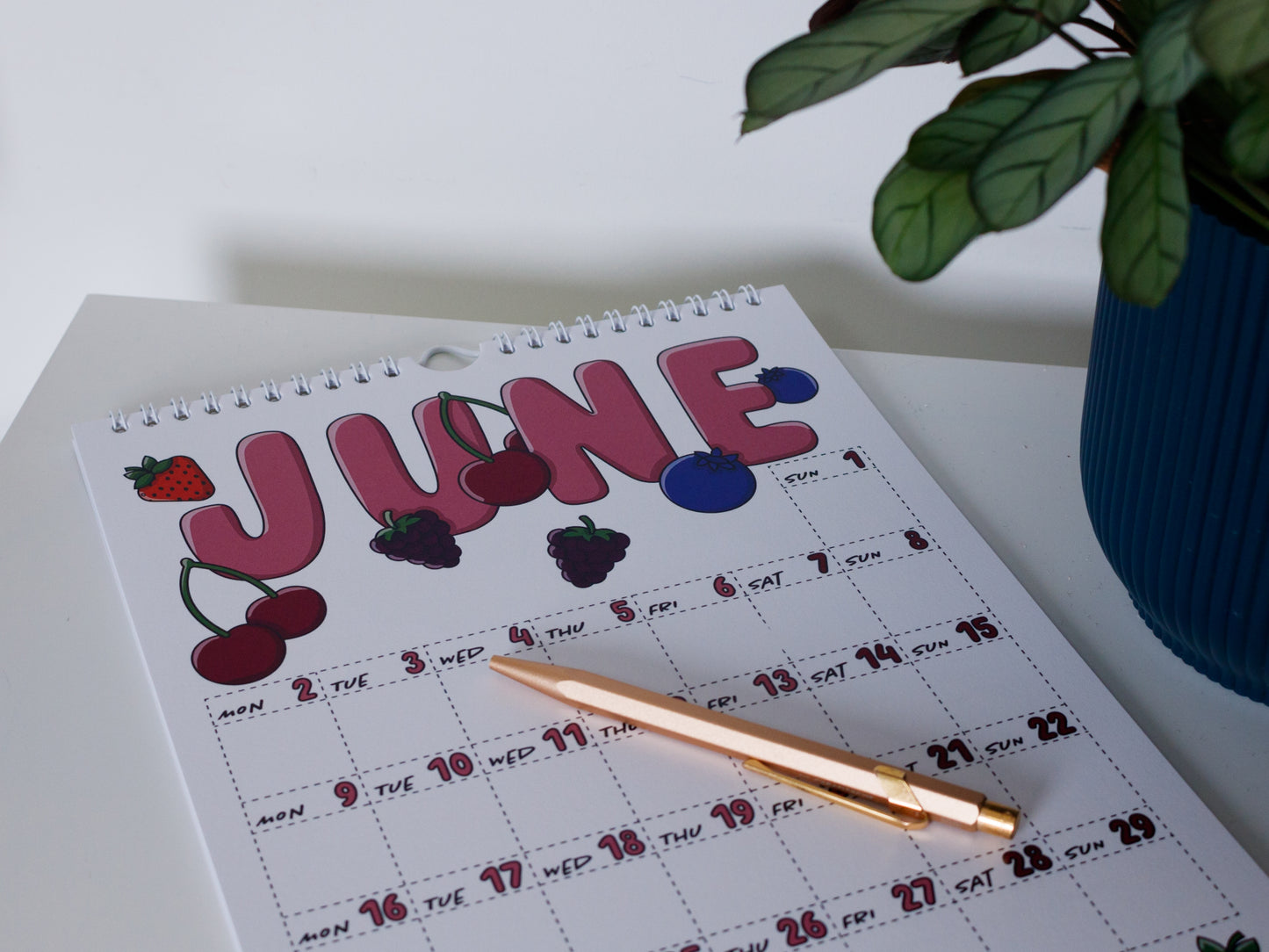 2025 Colourful Wall Calendar laying flat - June with Berry Design