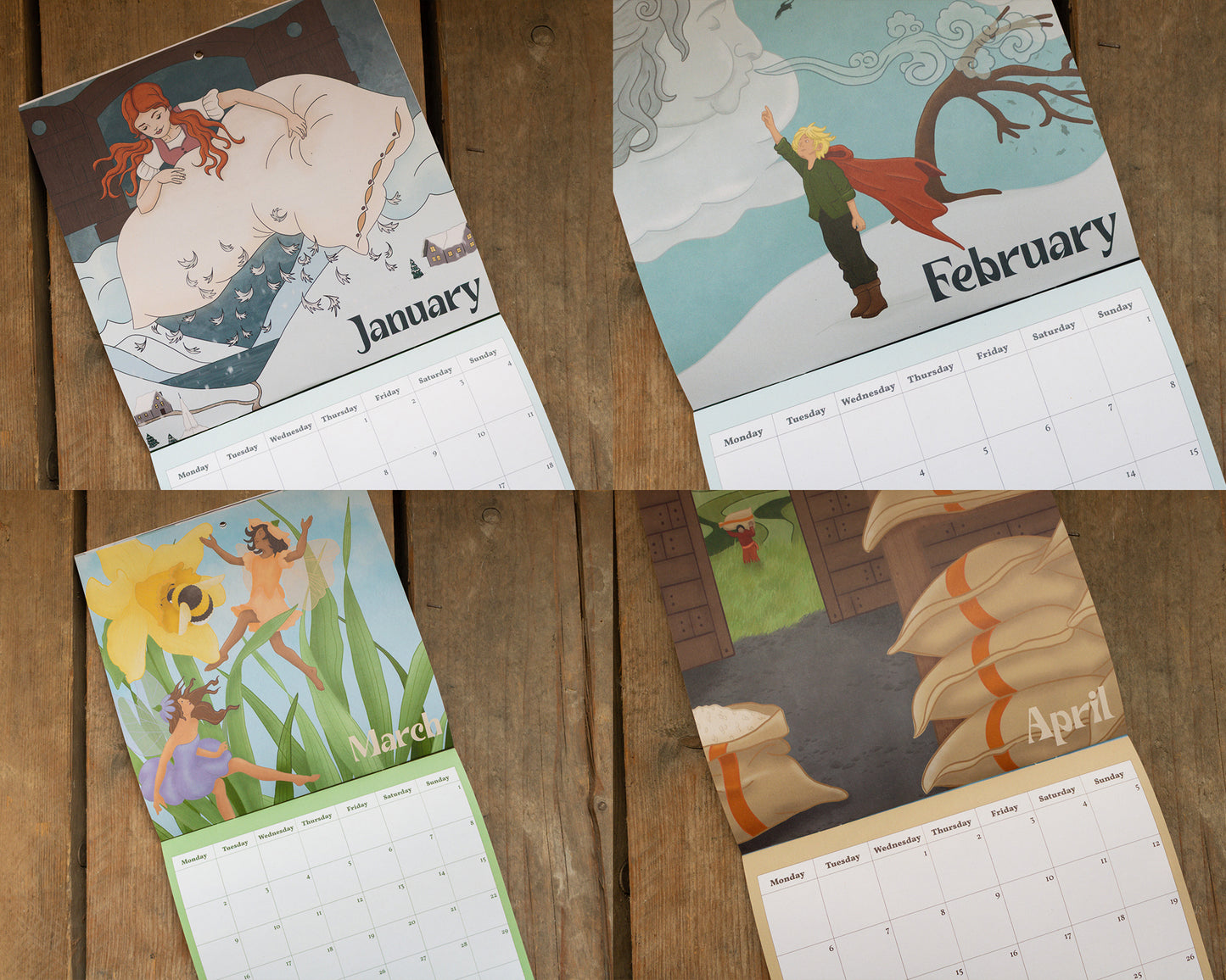2026 Fairytale Calendar: Four calendar pages for January, February, March, and April on a wooden surface.