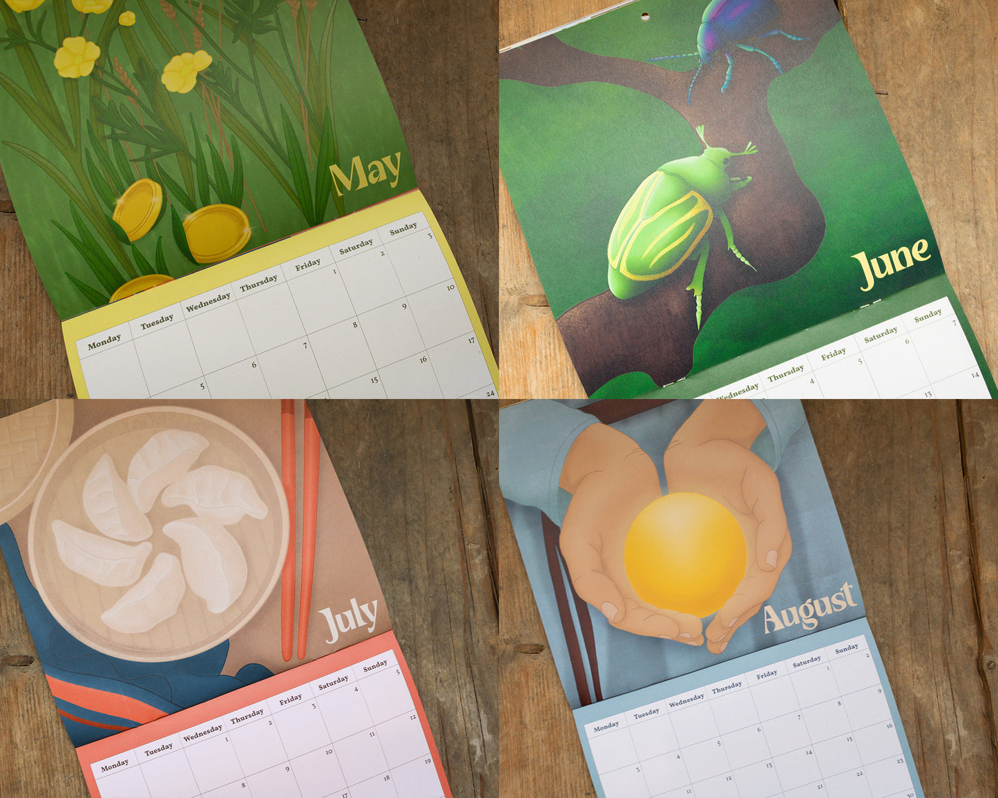 2026 Fairytale Calendar: Four calendar pages for May, June, July, and August on a wooden surface.