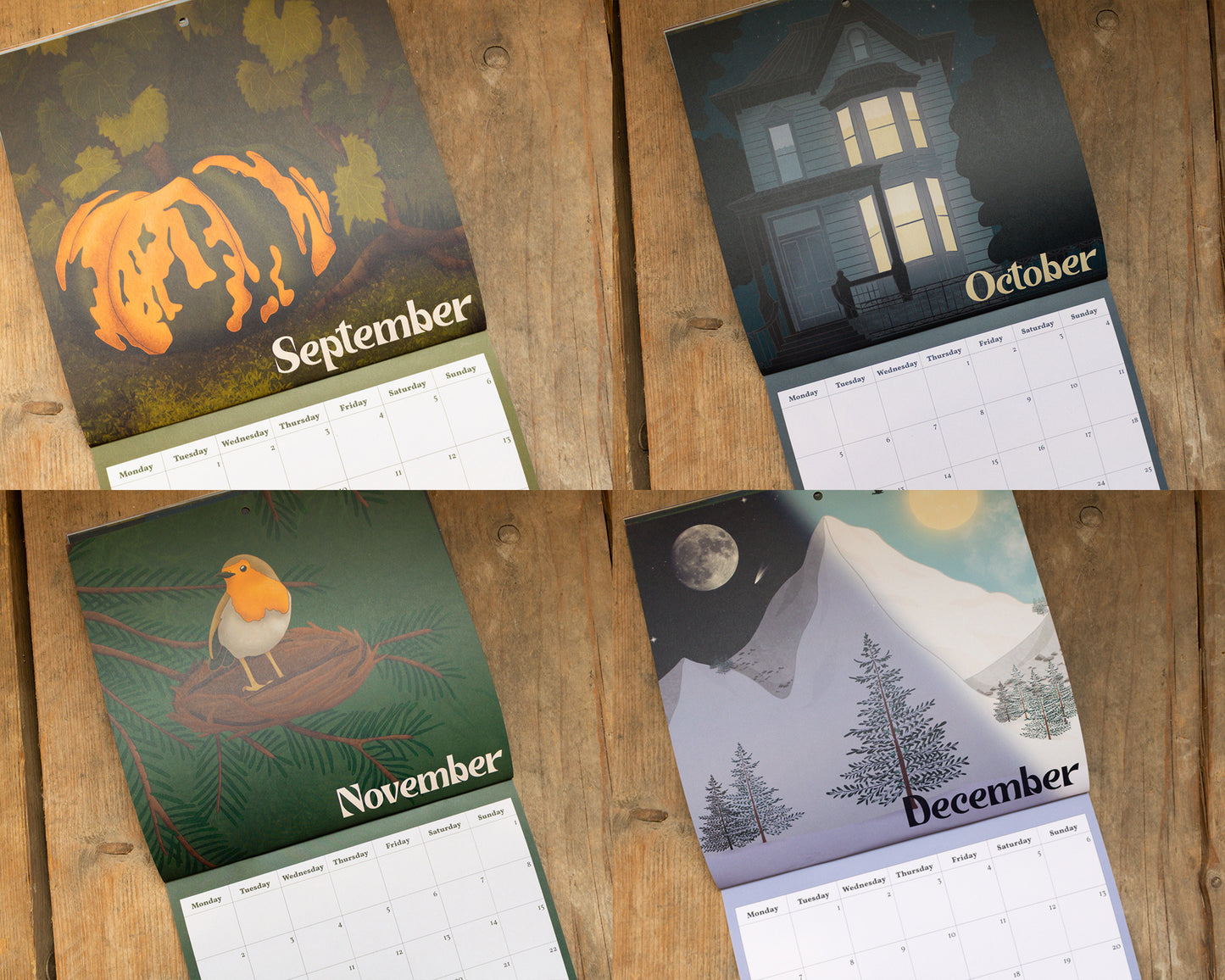 2026 Fairytale Calendar: Four calendar pages for September, October, November, and December on a wooden surface.