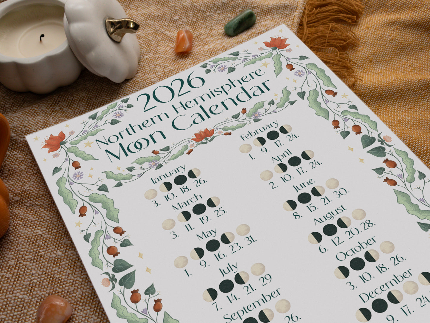 2026 Moon Calendar - A3 Print - Northern Hemisphere - close up