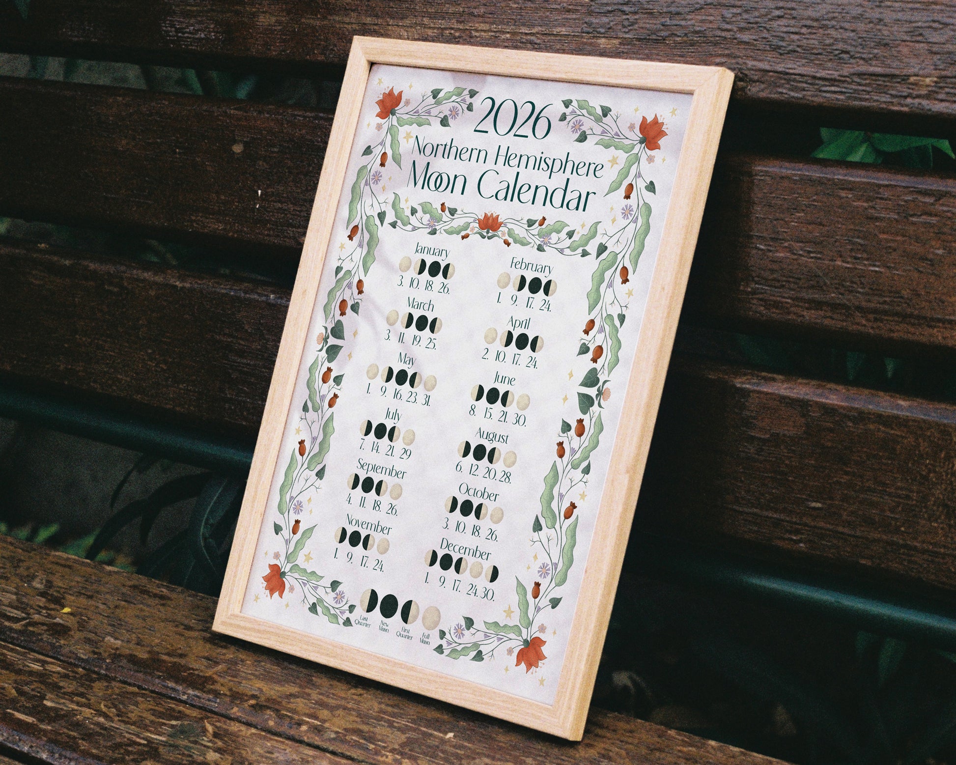 2026 A4 Moon Calendar Print - Northern Hemisphere - Framed on bench