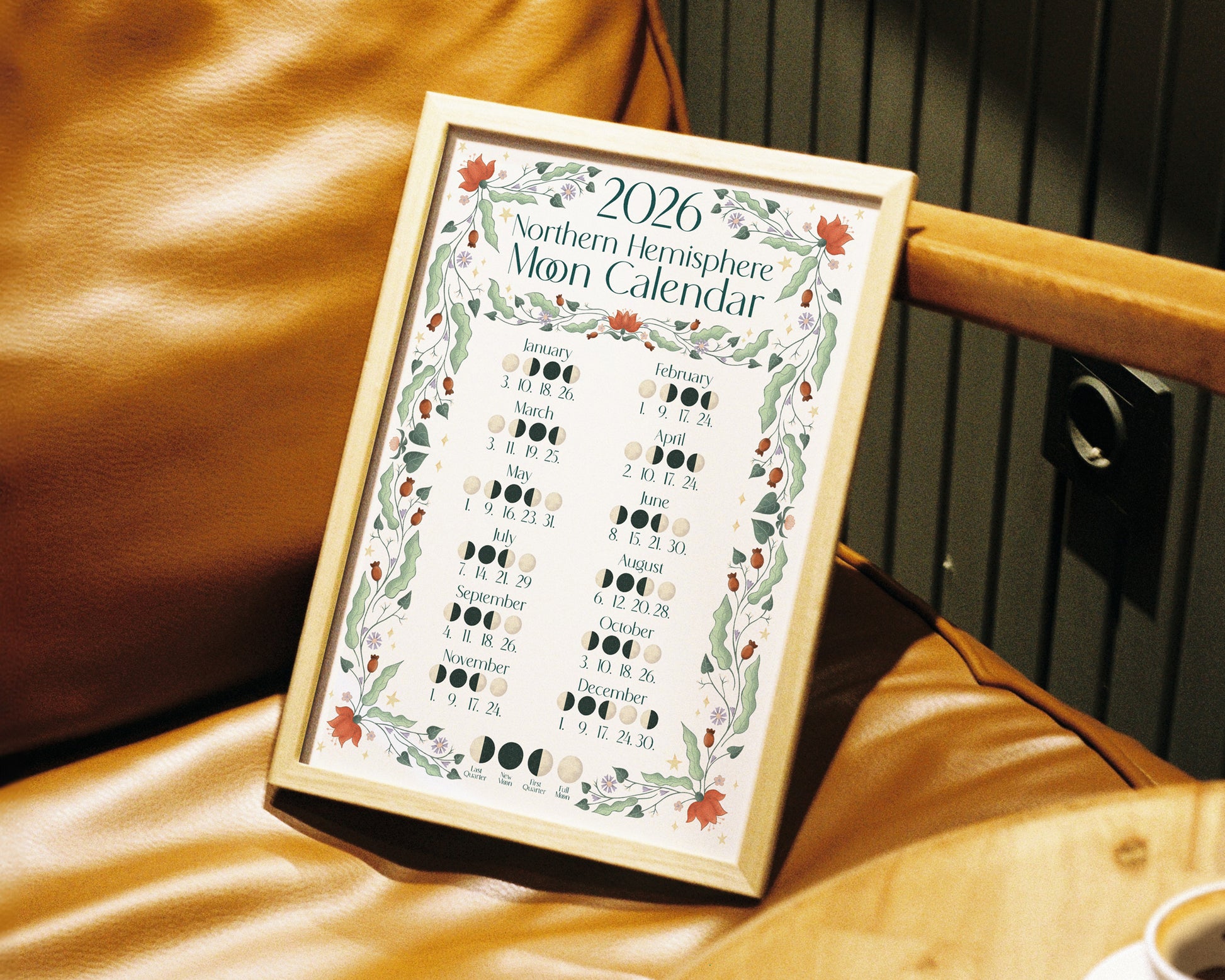 2026 A4 Moon Calendar Print - Northern Hemisphere - Framed on chair