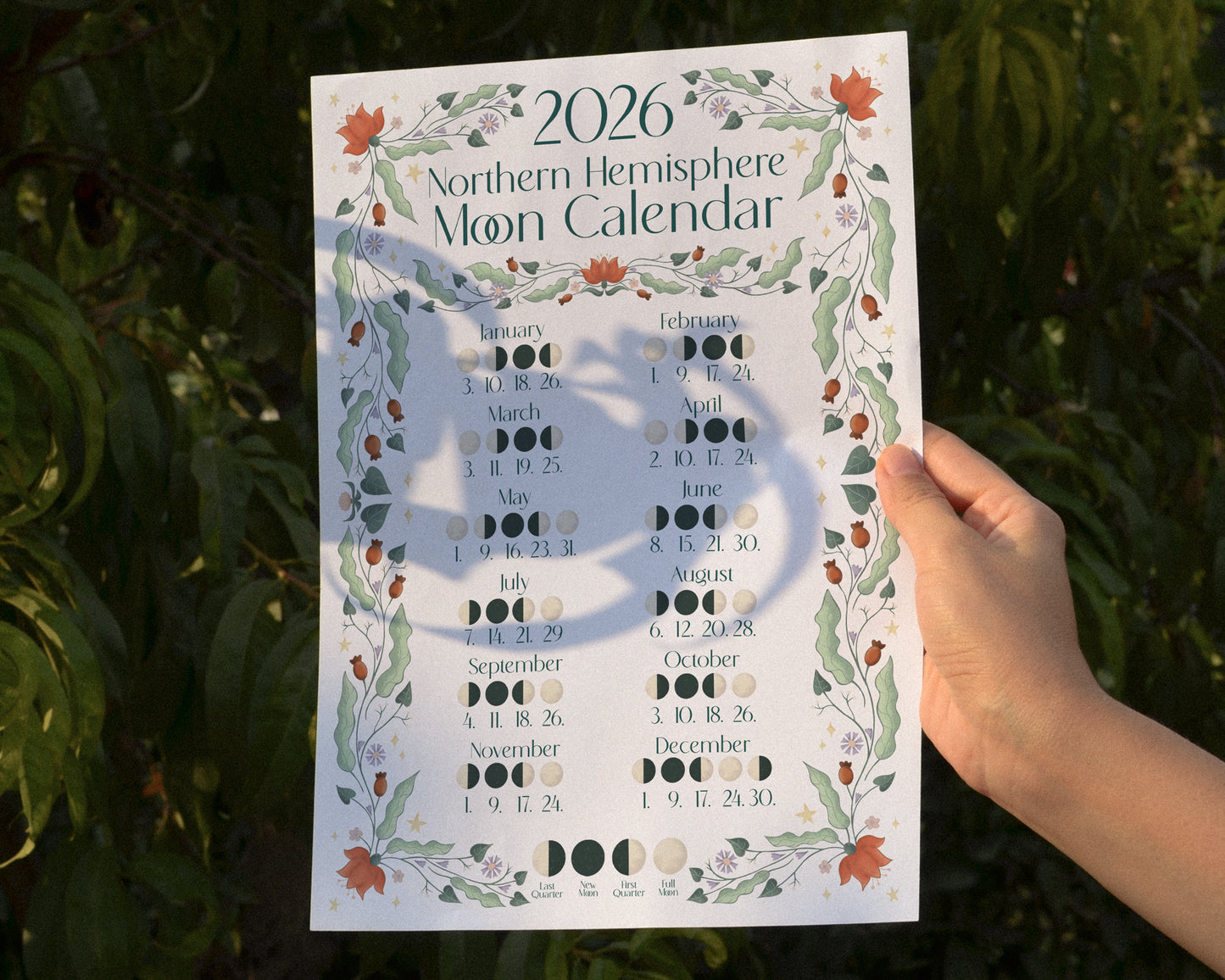 2026 A4 Moon Calendar Print - Northern Hemisphere - Held in hand