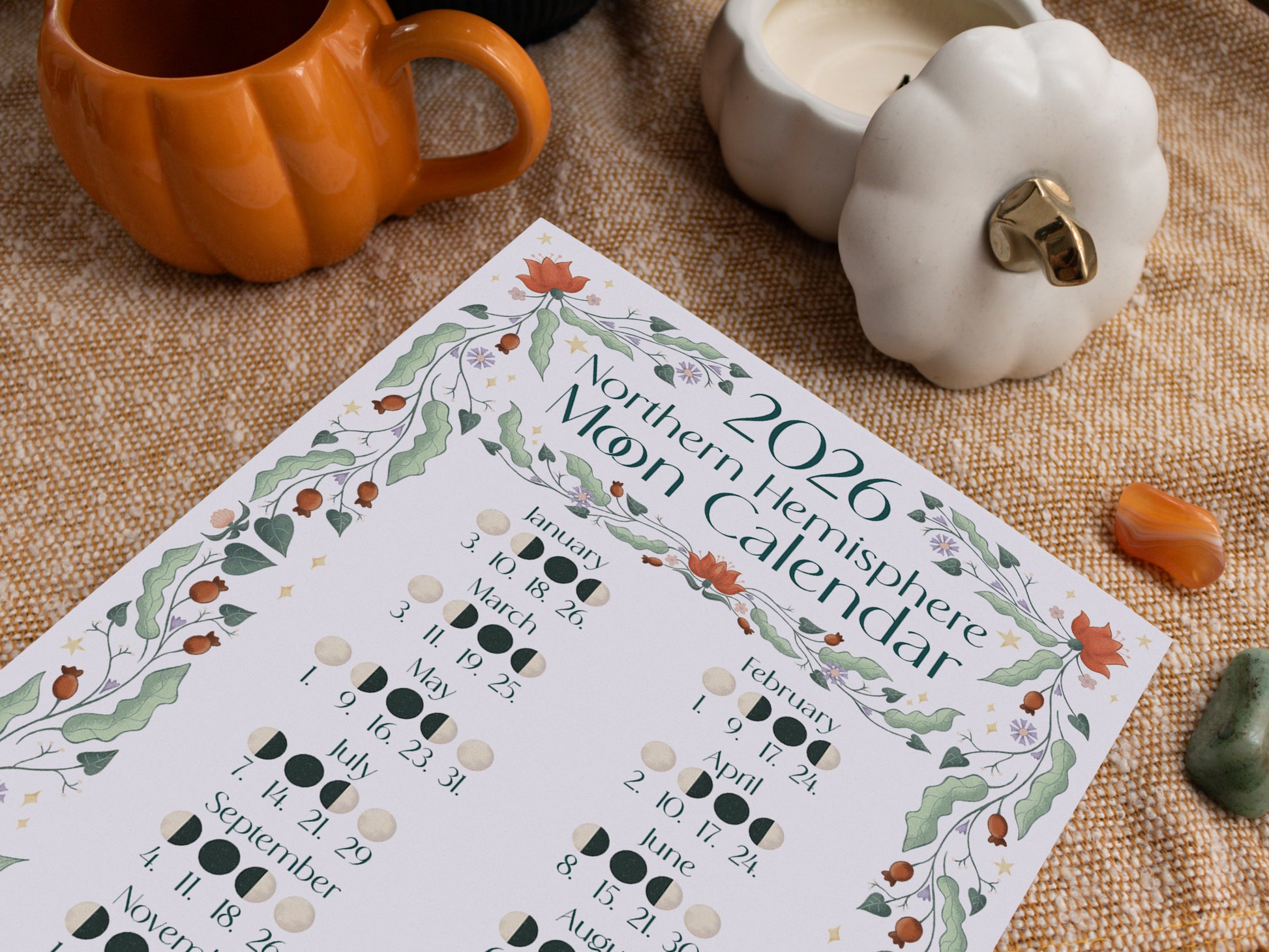 2026 A4 Moon Calendar Print - Northern Hemisphere - Close Up