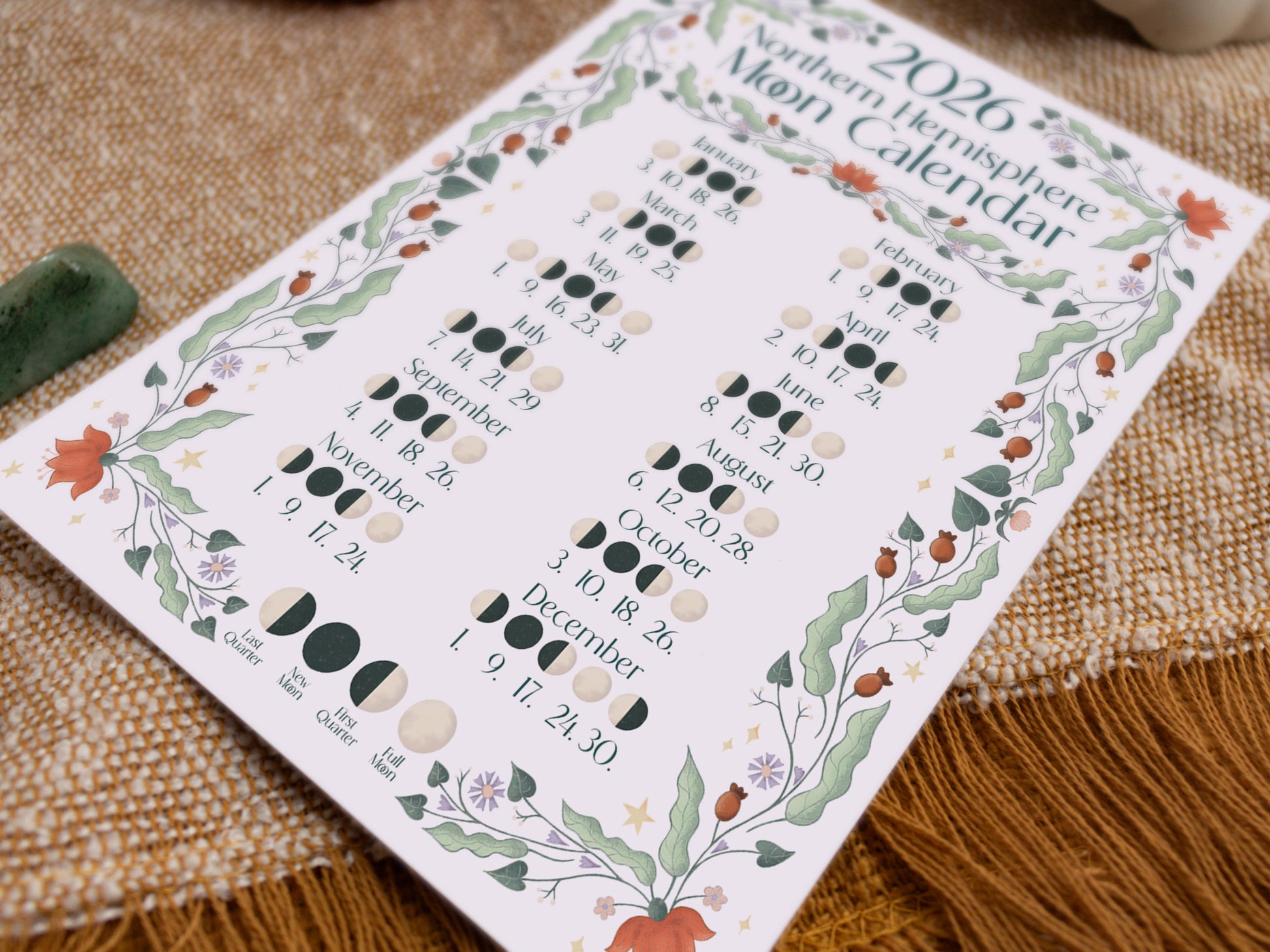 2026 A5 Moon Calendar Print - Northern Hemisphere - close up bottom