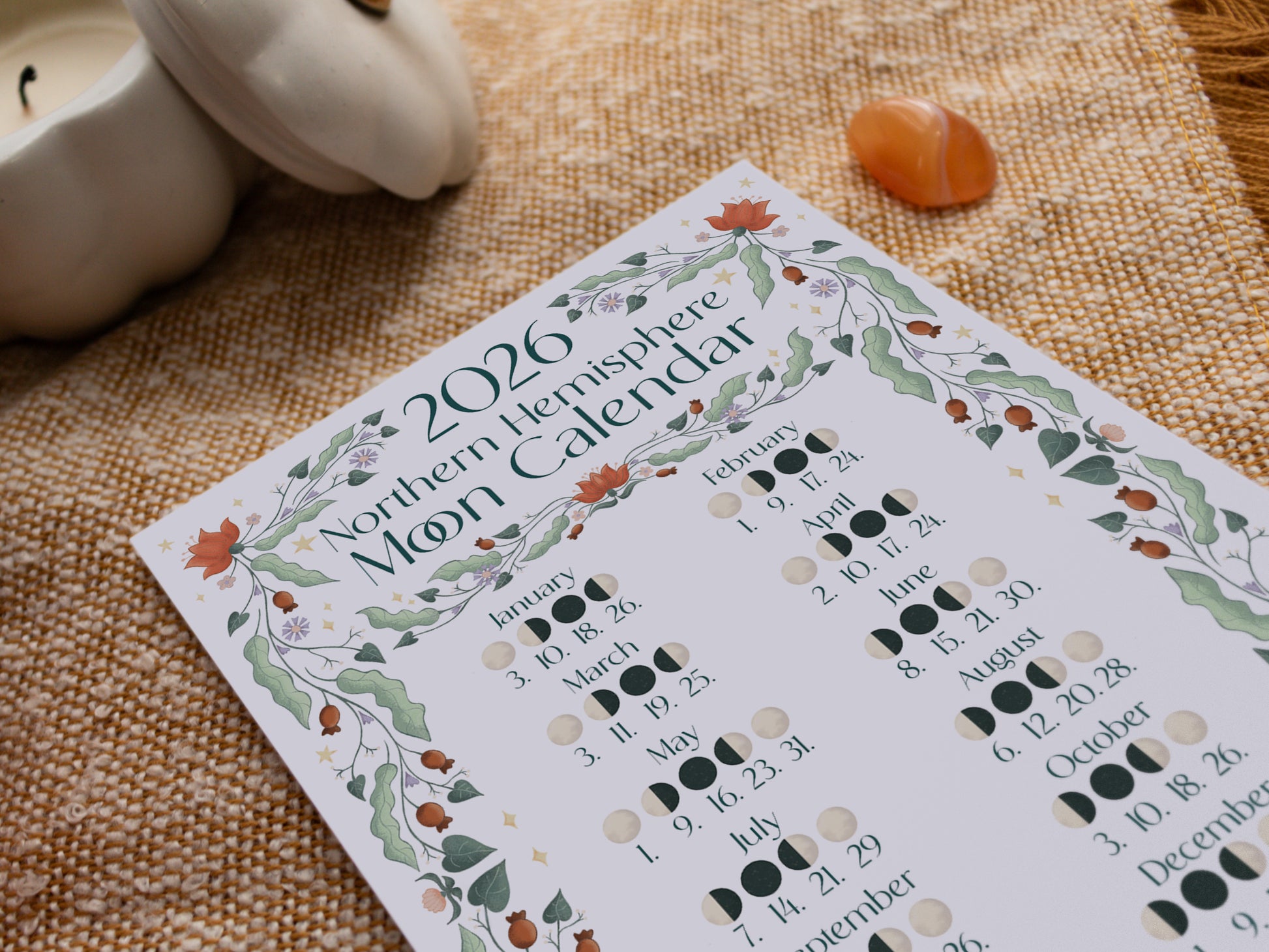 2026 A5 Moon Calendar Print - Northern Hemisphere - close up top