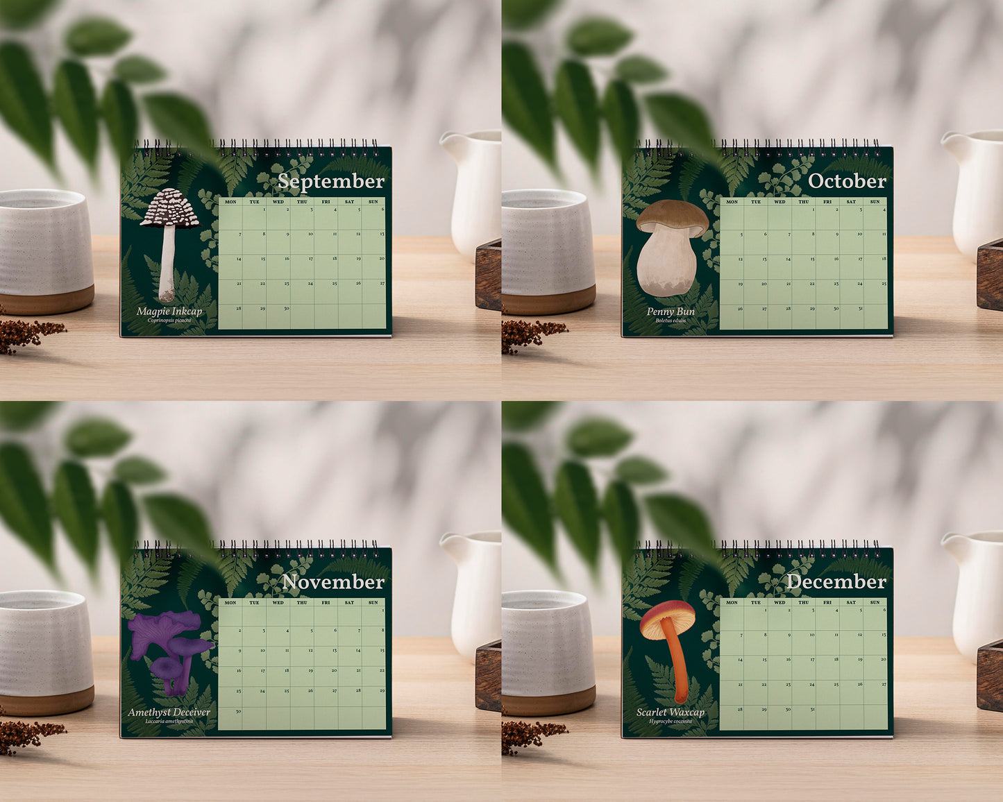 2026 Mushroom Desk Calendar - Four calendar pages for September, October, November, and December on a wooden surface with plants and a white vase.