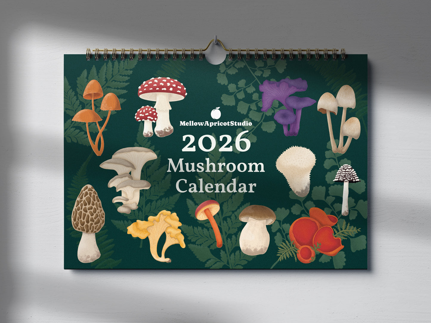 2026 Mushroom Calendar by Mellow Apricot Studio on a dark green background