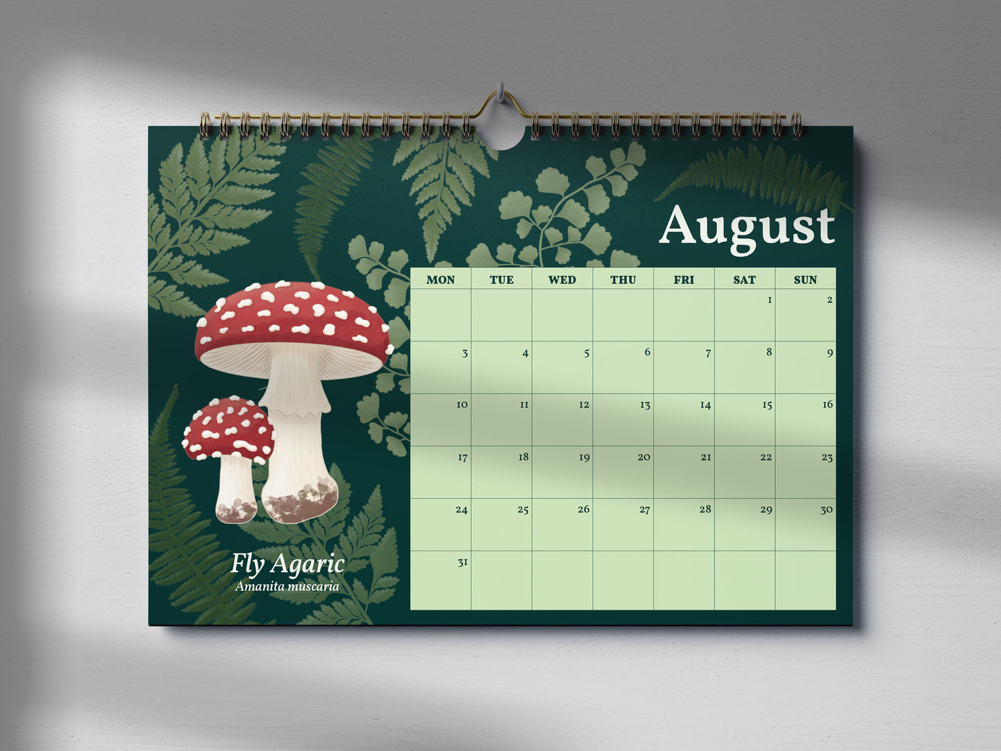 2026 Mushroom Calendar by Mellow Apricot Studio - August page featuring fly agaric mushroom