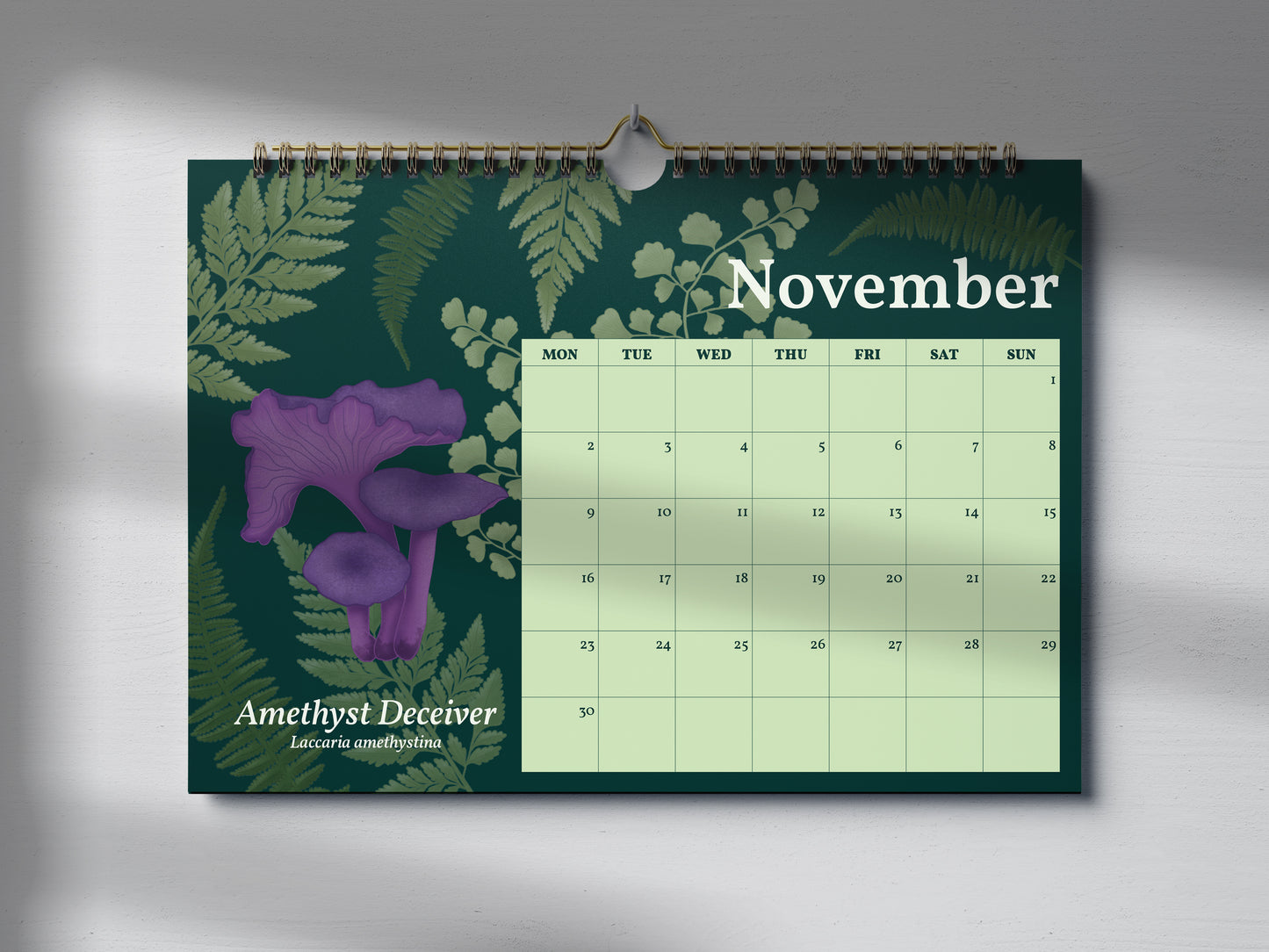2026 Mushroom Calendar by Mellow Apricot Studio - November page featuring an amethyst deceiver mushroom