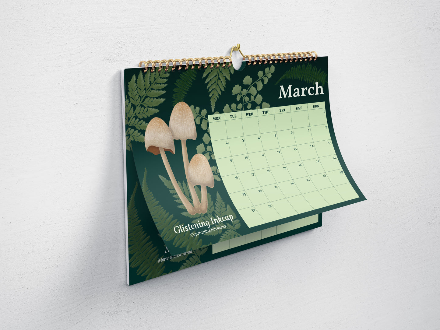 2026 Mushroom Calendar - March page featuring a glistening inkcap mushroom.