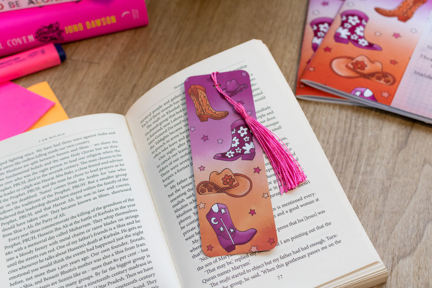 Cowgirl / Cowboy / Cowthey Bookmark with pink Tassel in book