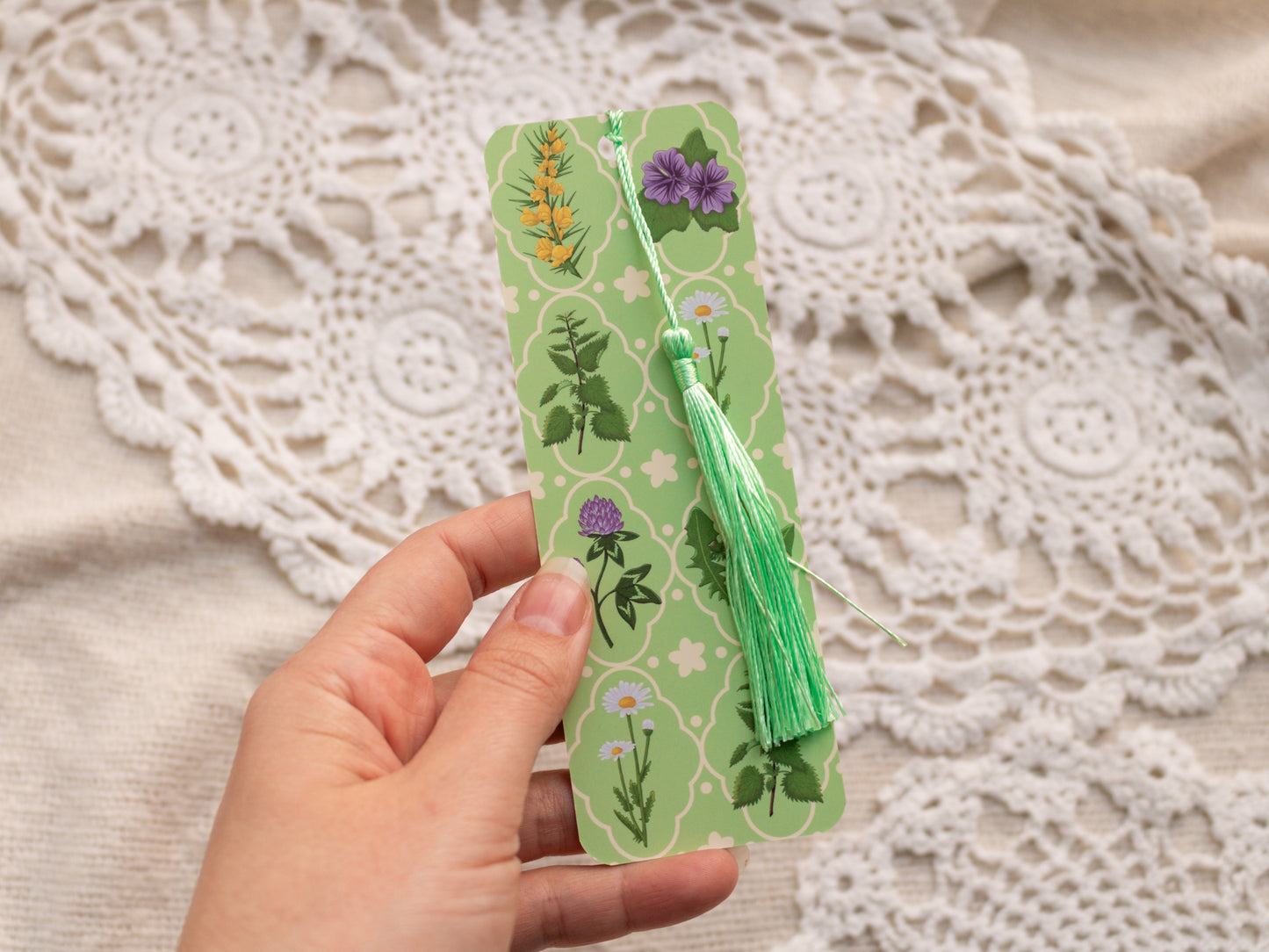 Spring Foraging Bookmark with Tassel - held in hand