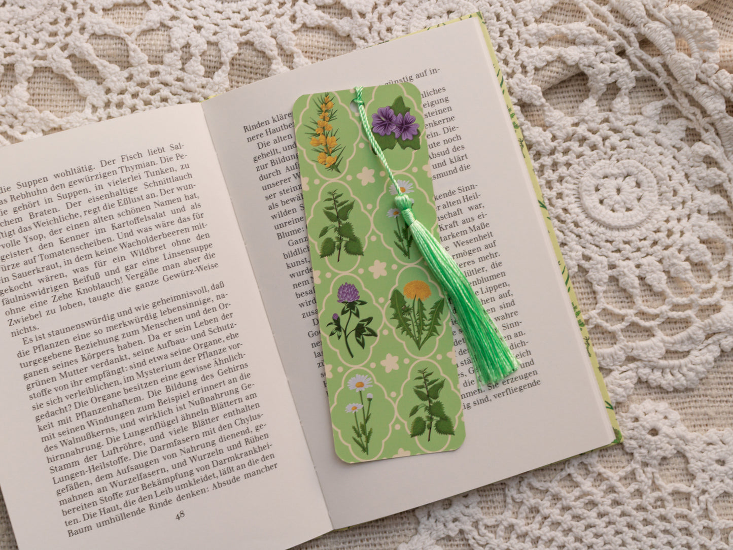 Spring Foraging Bookmark with Tassel - in book