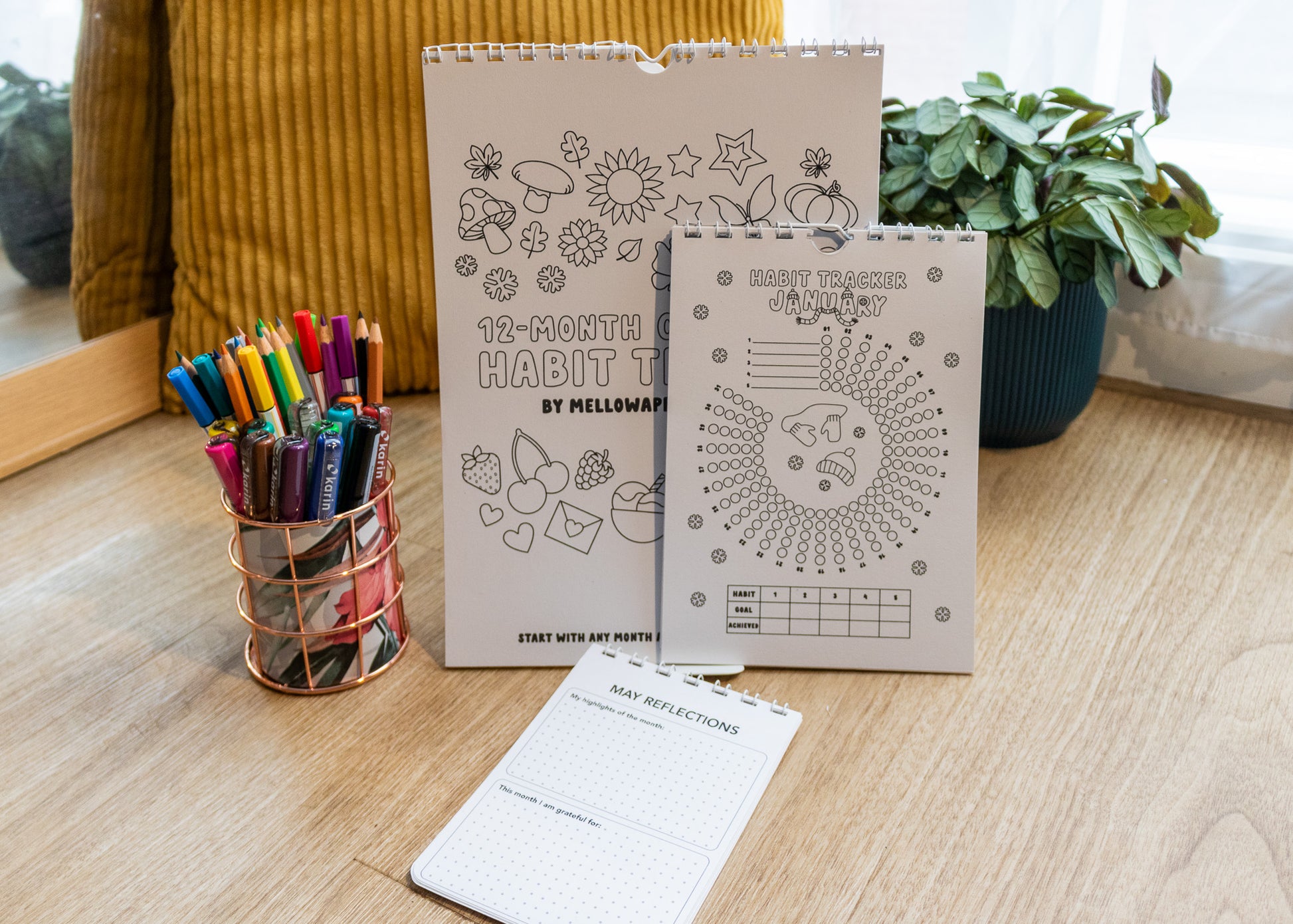 12-Month Colouring Habit Tracker by MellowApricotStudio - A4 (cover), A5 (January page), A6 (May journal page) size options