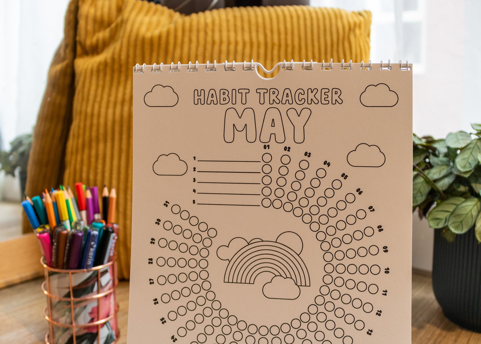 12-Month Colouring Habit Tracker by MellowApricotStudio - May page with rainbow
