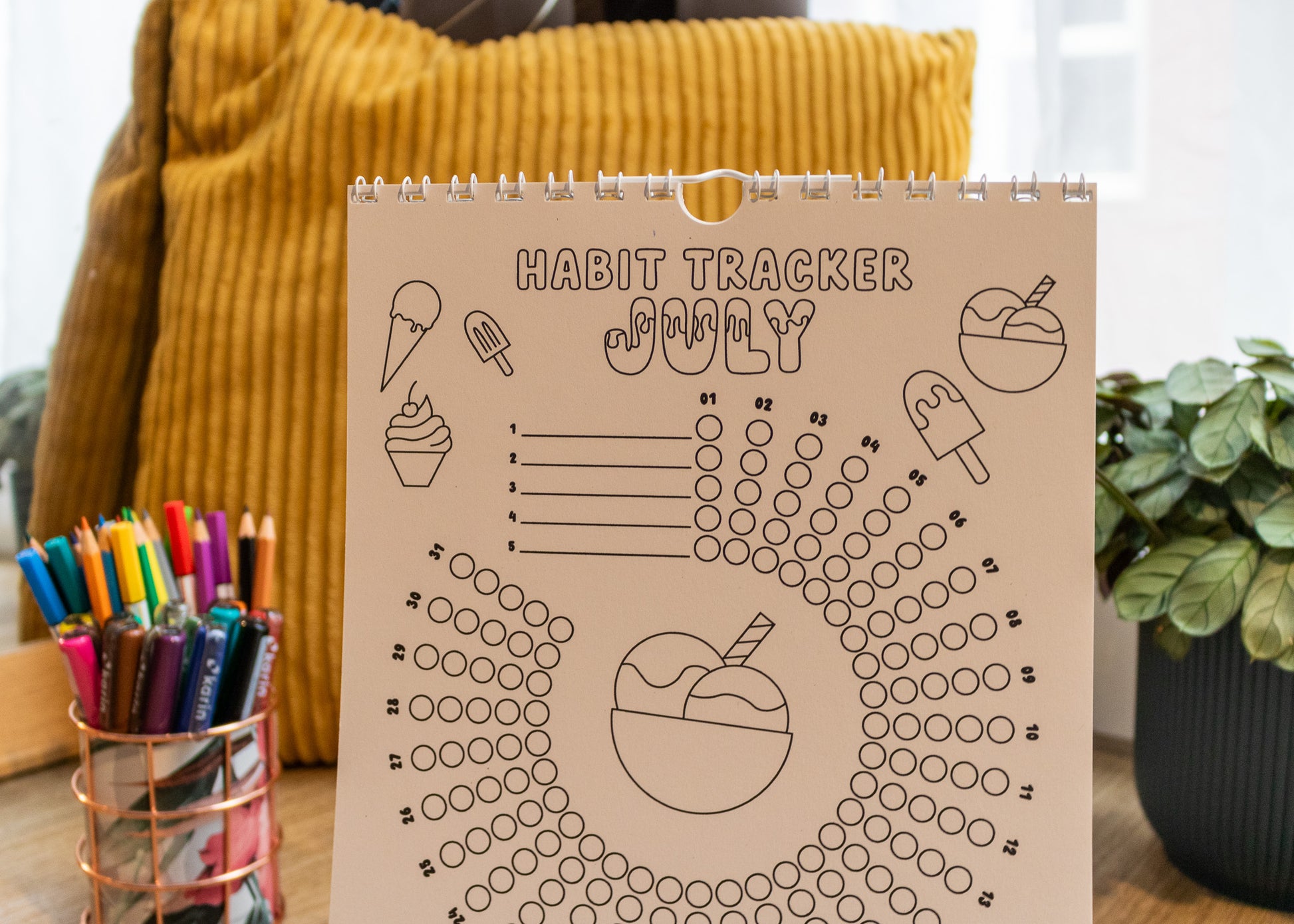 12-Month Colouring Habit Tracker by MellowApricotStudio - July page with ice cream