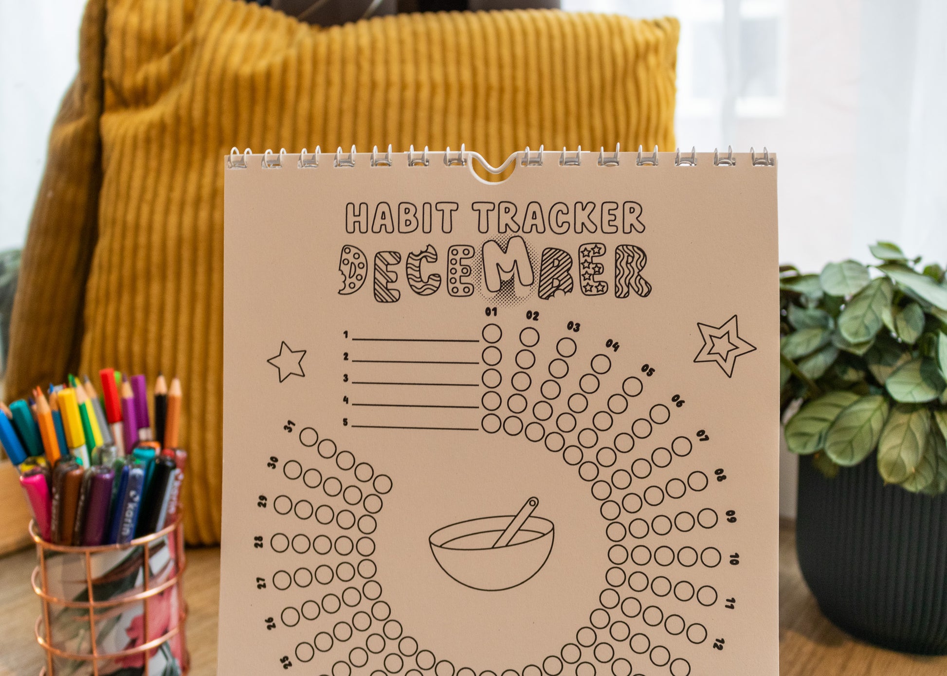 12-Month Colouring Habit Tracker by MellowApricotStudio - December page with cookies