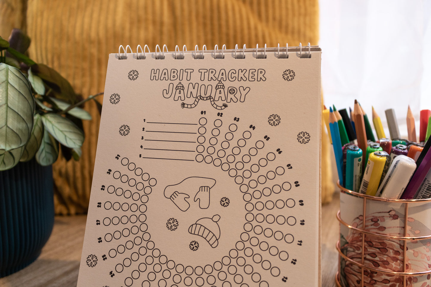 12-month Colouring Habit Tracker by MellowApricotStudio - A5 & A6 standing desk calendar - january page