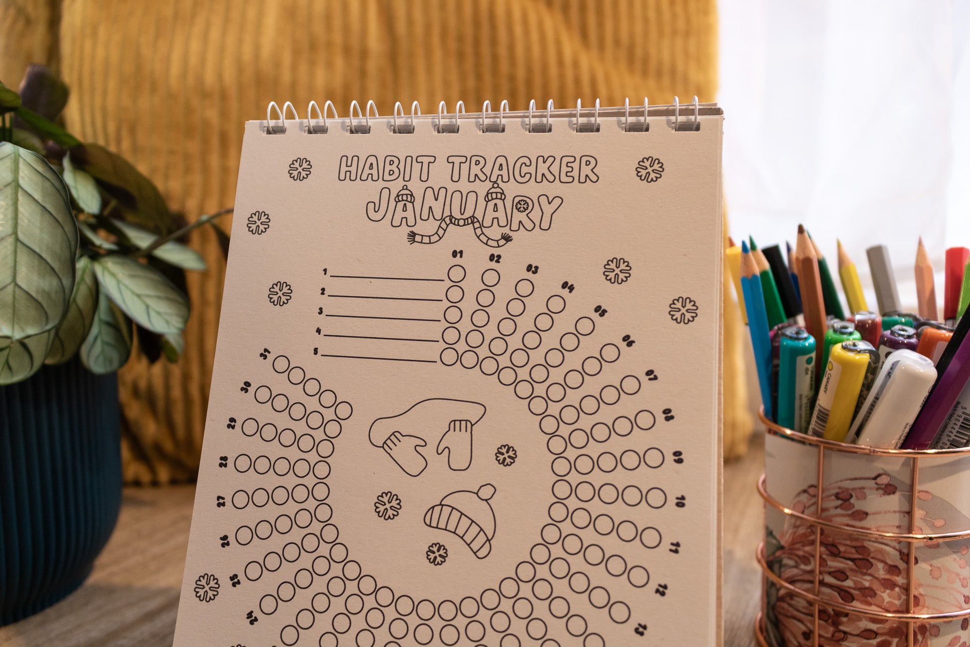 12-month Colouring Habit Tracker by MellowApricotStudio - A5 & A6 standing desk calendar - january page
