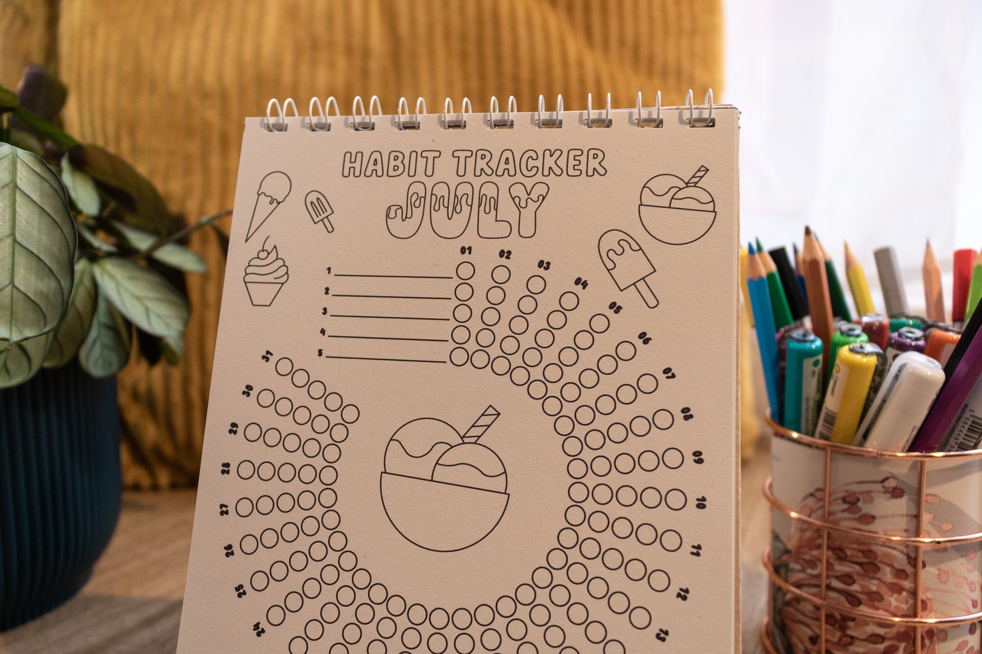 12-month Colouring Habit Tracker by MellowApricotStudio - A5 & A6 standing desk calendar - july page with ice cream
