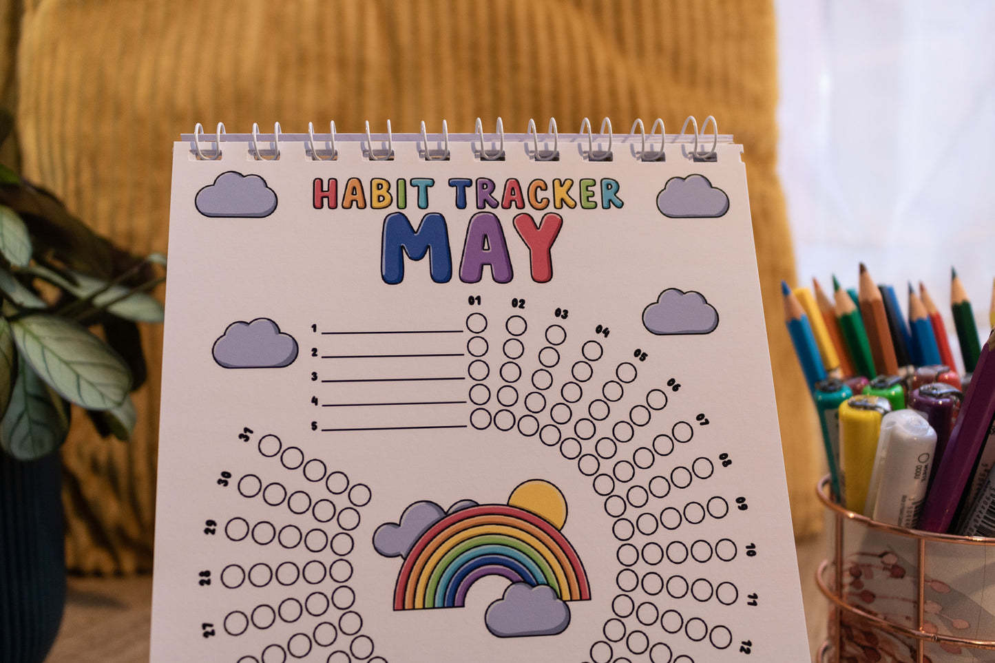 12-month Colouring Habit Tracker by MellowApricotStudio - A5 & A6 standing desk calendar - may page with rainbow