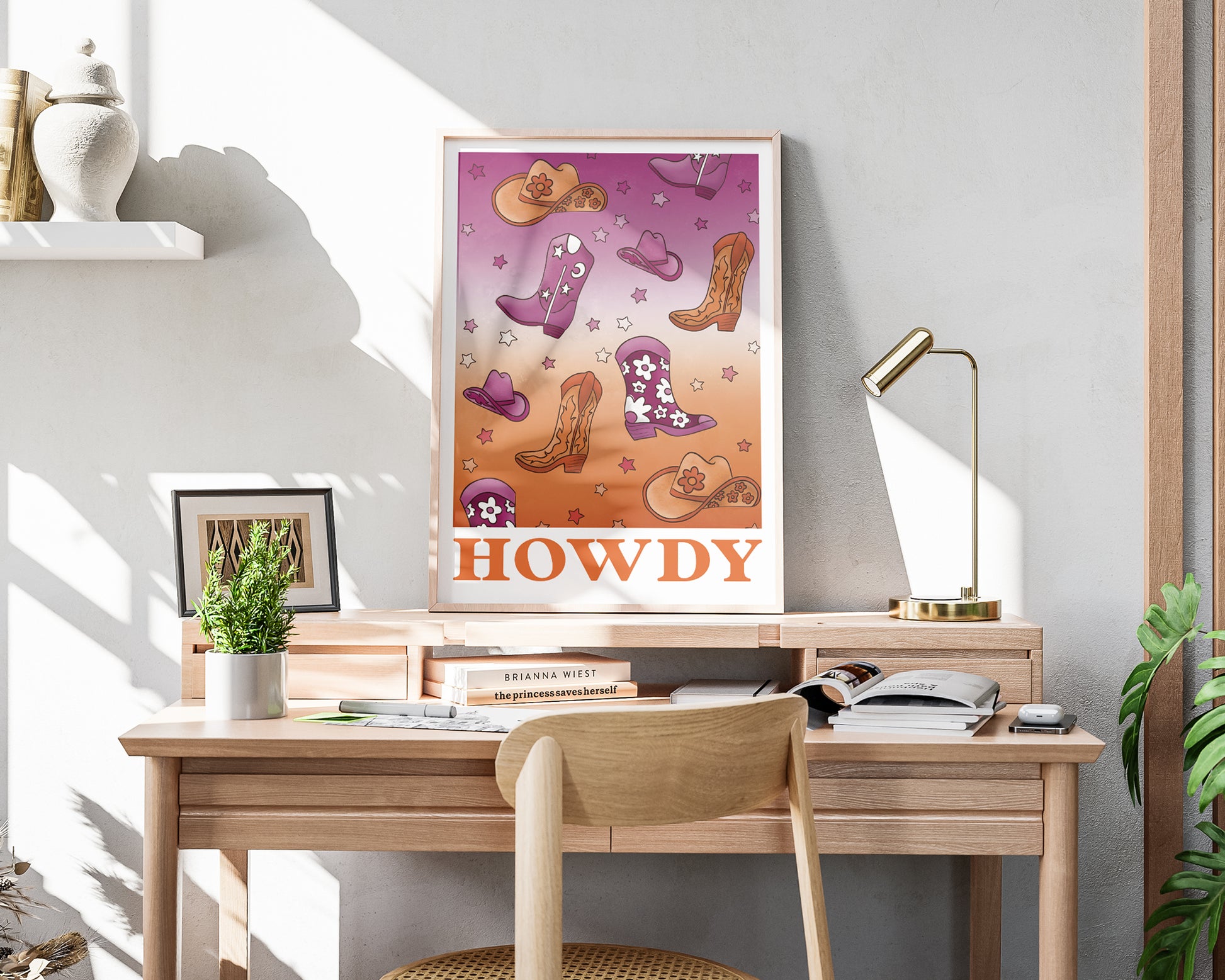 Howdy Wall Art - A3 in frame on desk
