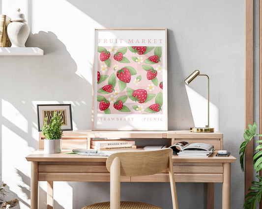 Strawberry Picnic Wall Art - A3 Framed on Desk