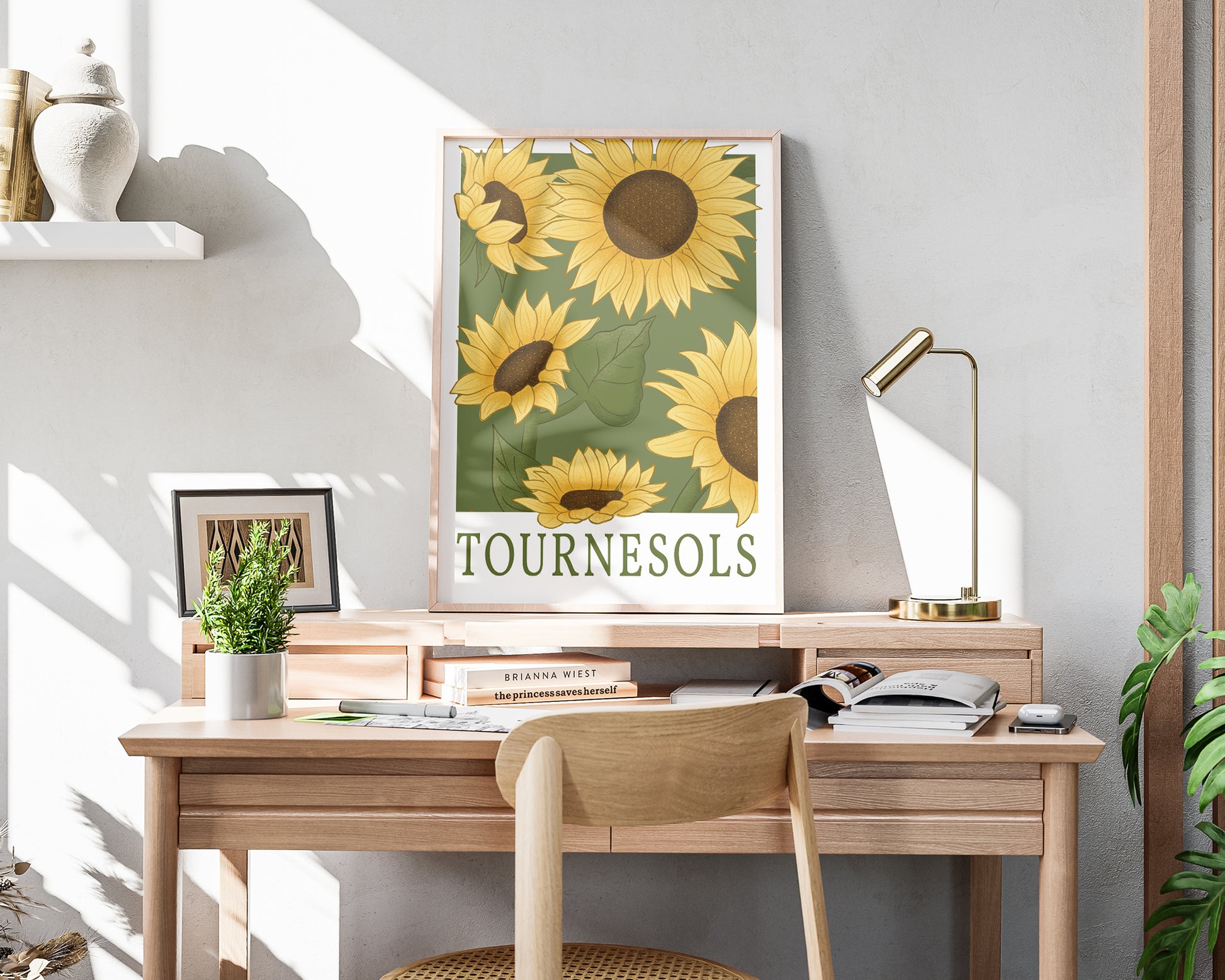Sunflower Wall Art - Turnesols - A3 in frame on desk