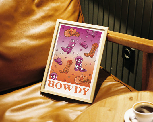 Howdy Wall Art - A4 in frame on chair
