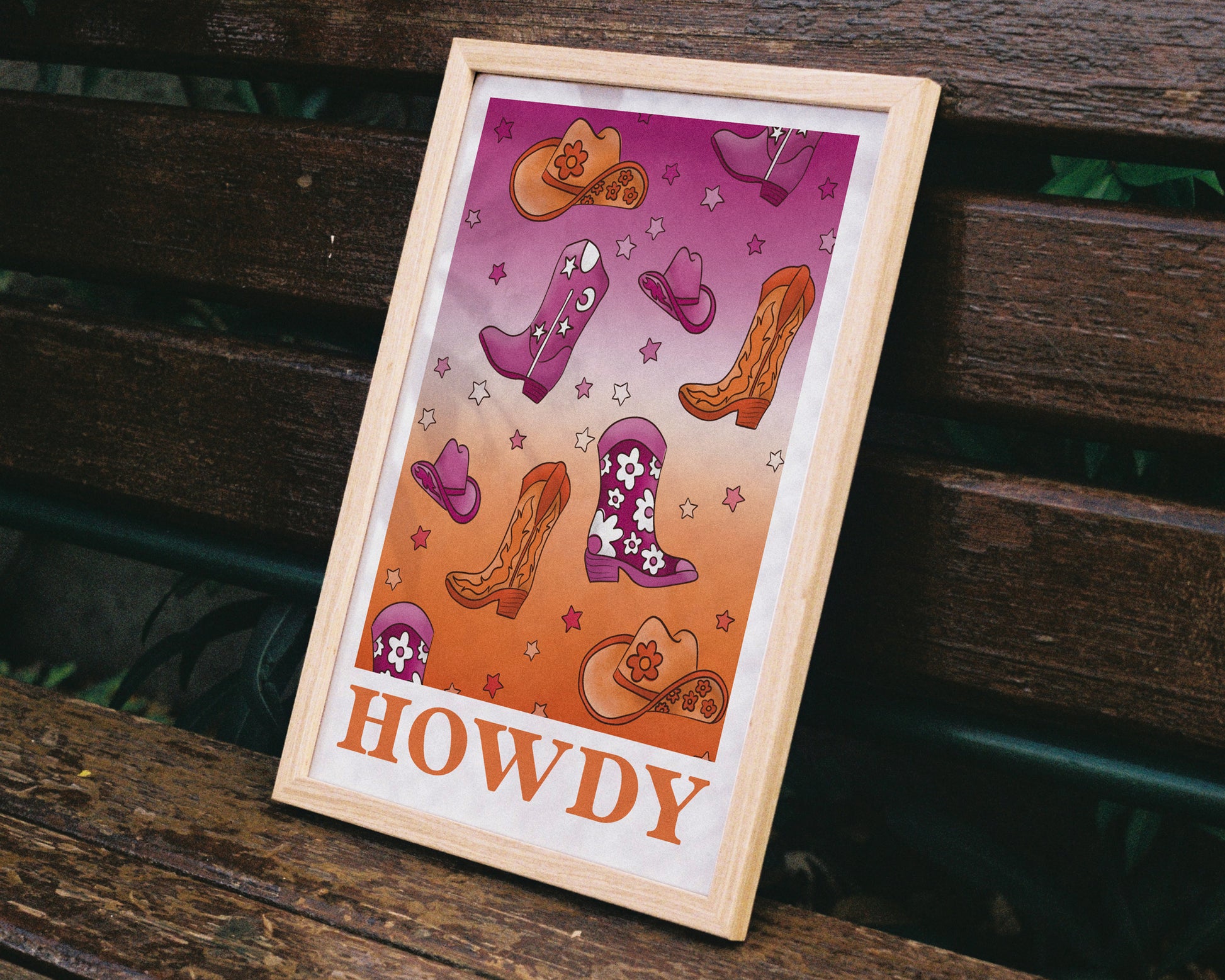 Howdy Wall Art - A4 in frame on bench