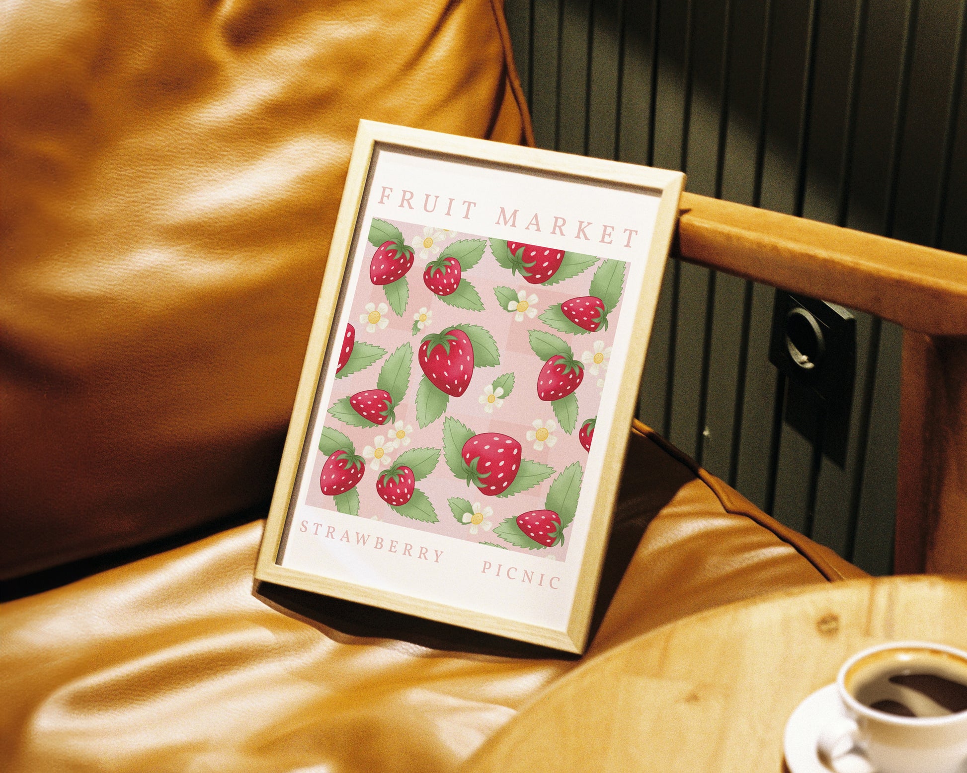 Strawberry Picnic Wall Art - A4 Framed on Chair