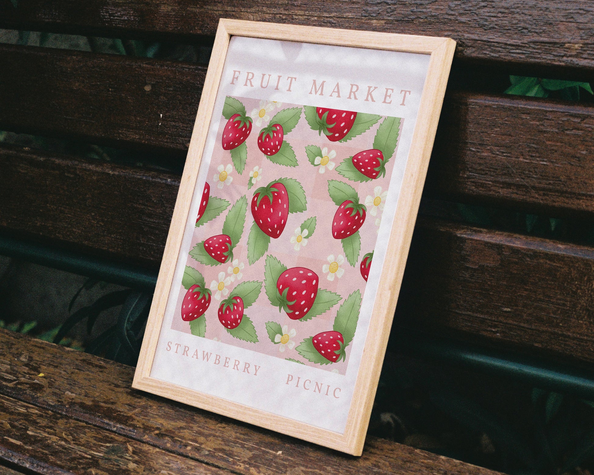 Strawberry Picnic Wall Art - A4 Framed on Bench