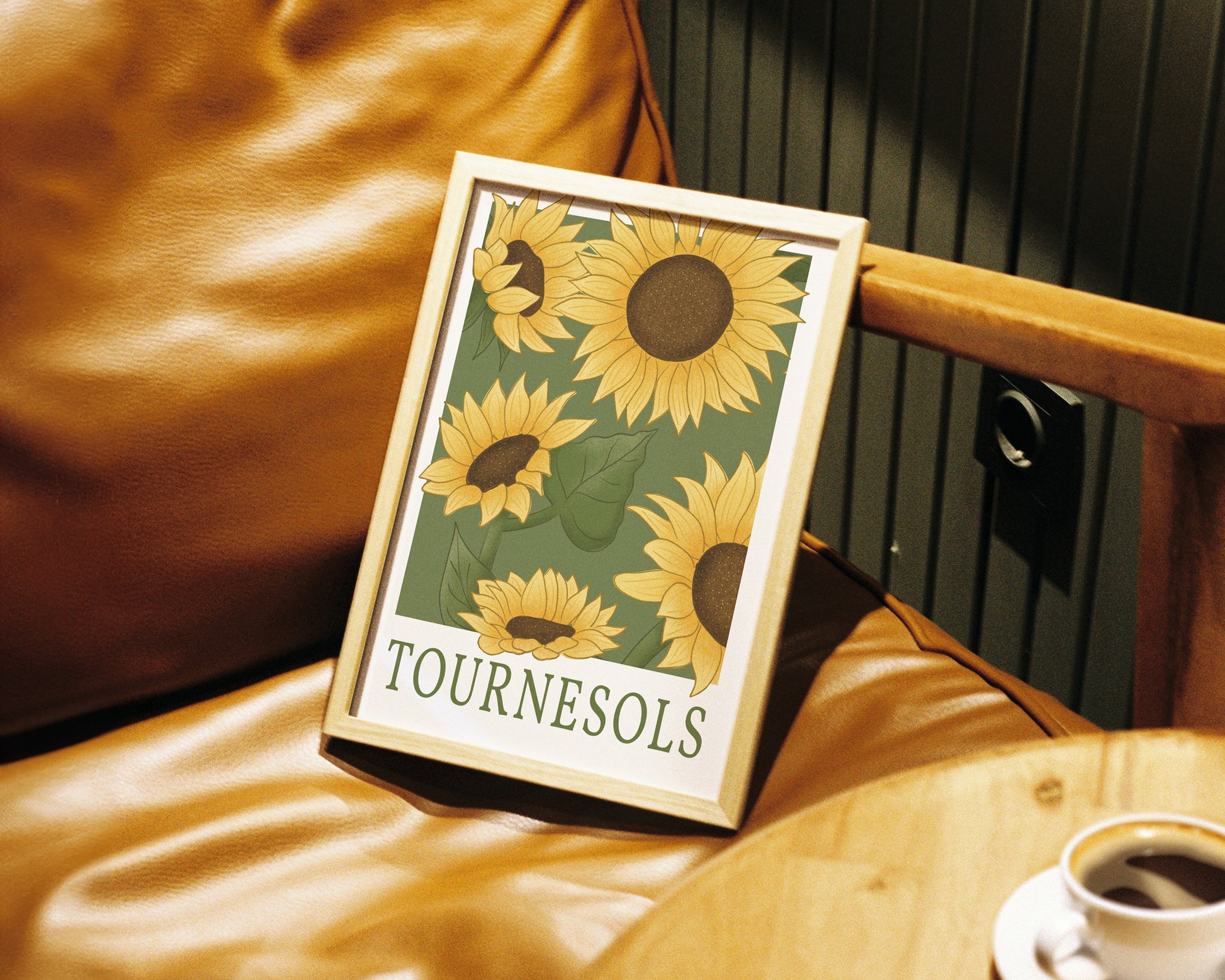 Sunflower Wall Art - Turnesols - A4 in frame on chair