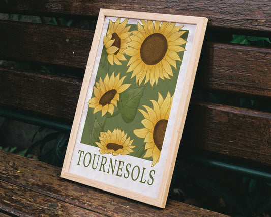 Sunflower Wall Art - Turnesols - A4 in frame on bench