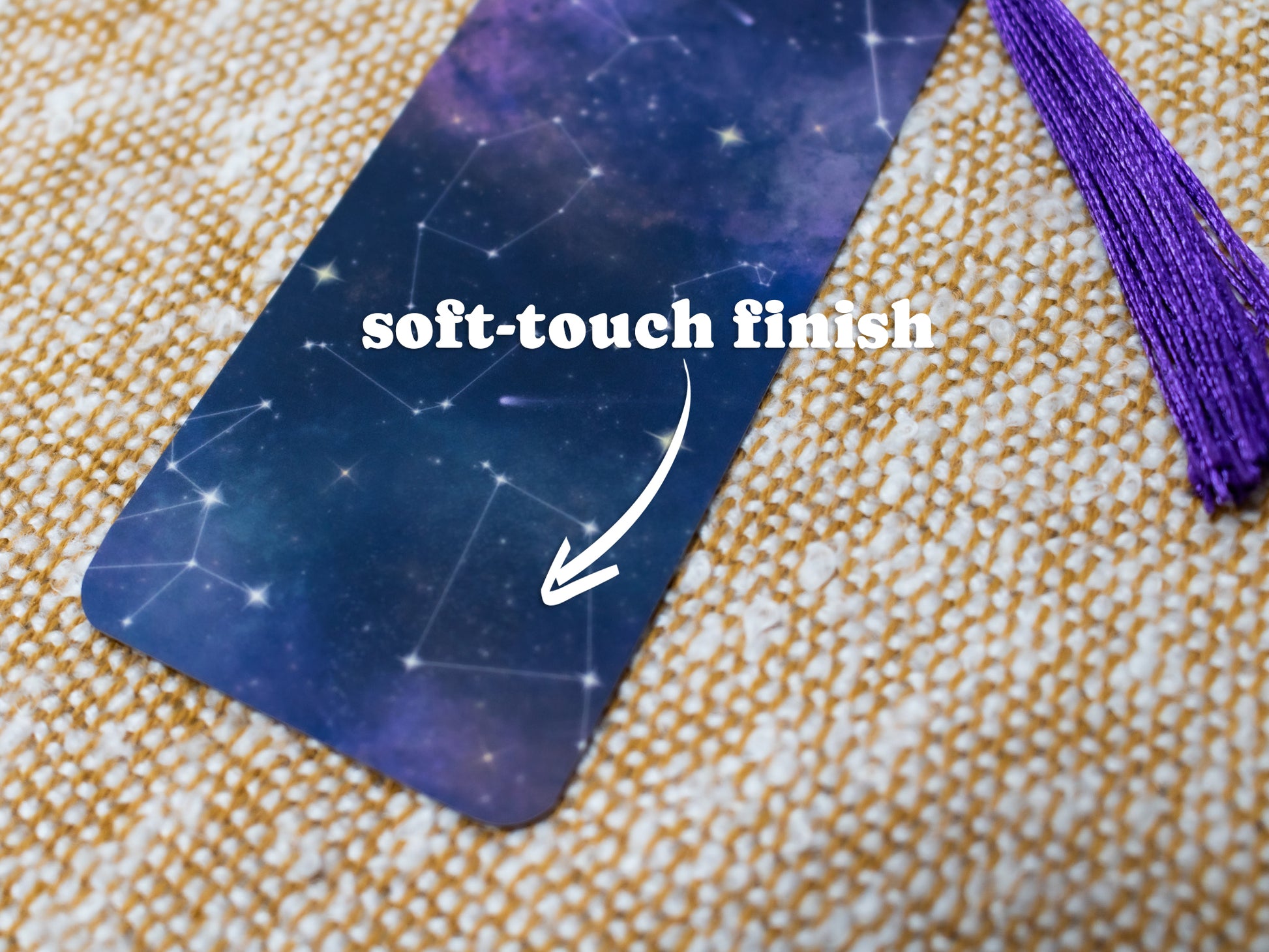Cosmic Bookmark with Tassel - close up - TEXT OVERLAY: soft-touch finish