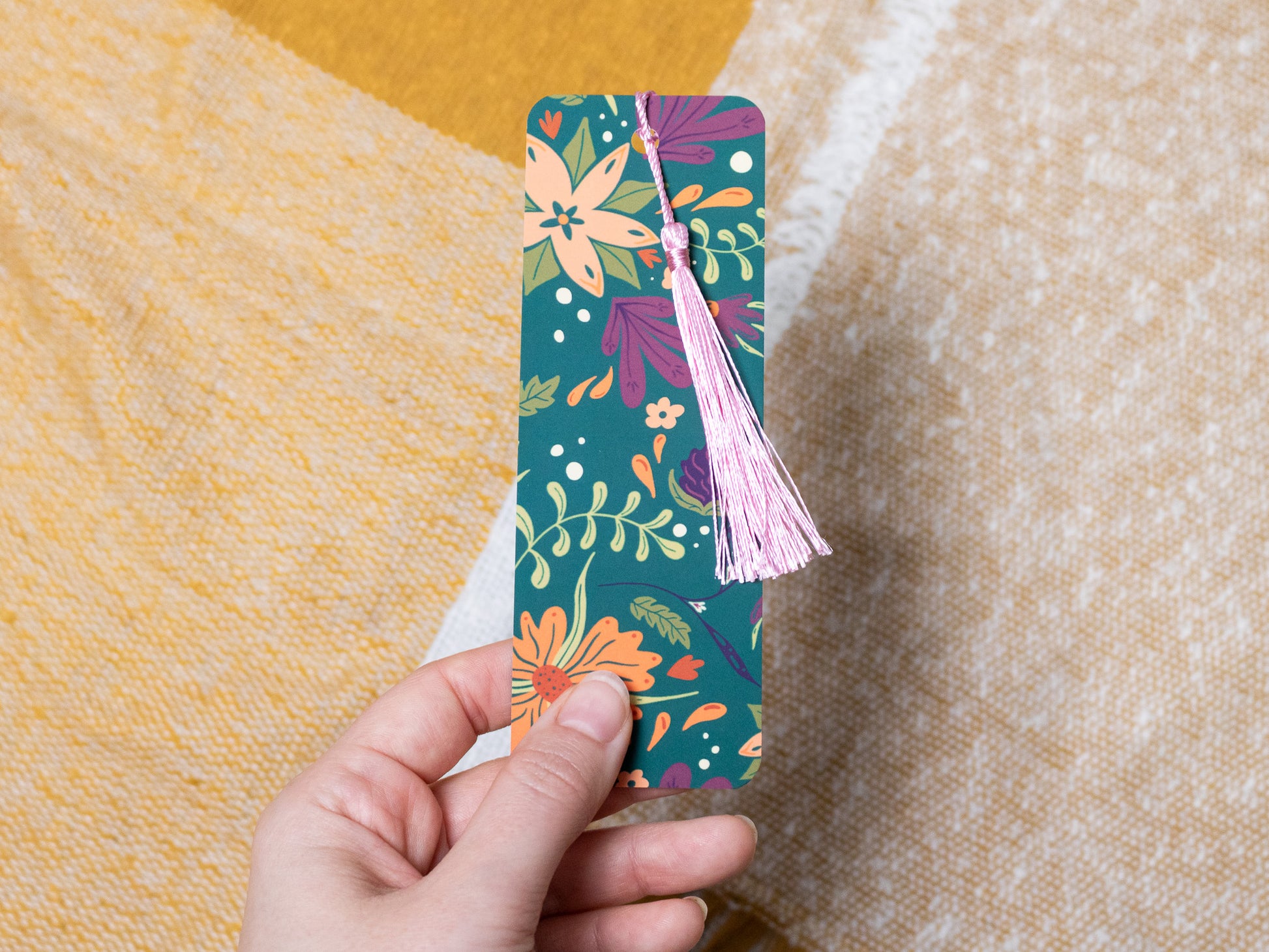 Autumnal Flower Bookmark with baby pink Tassel - held in hand