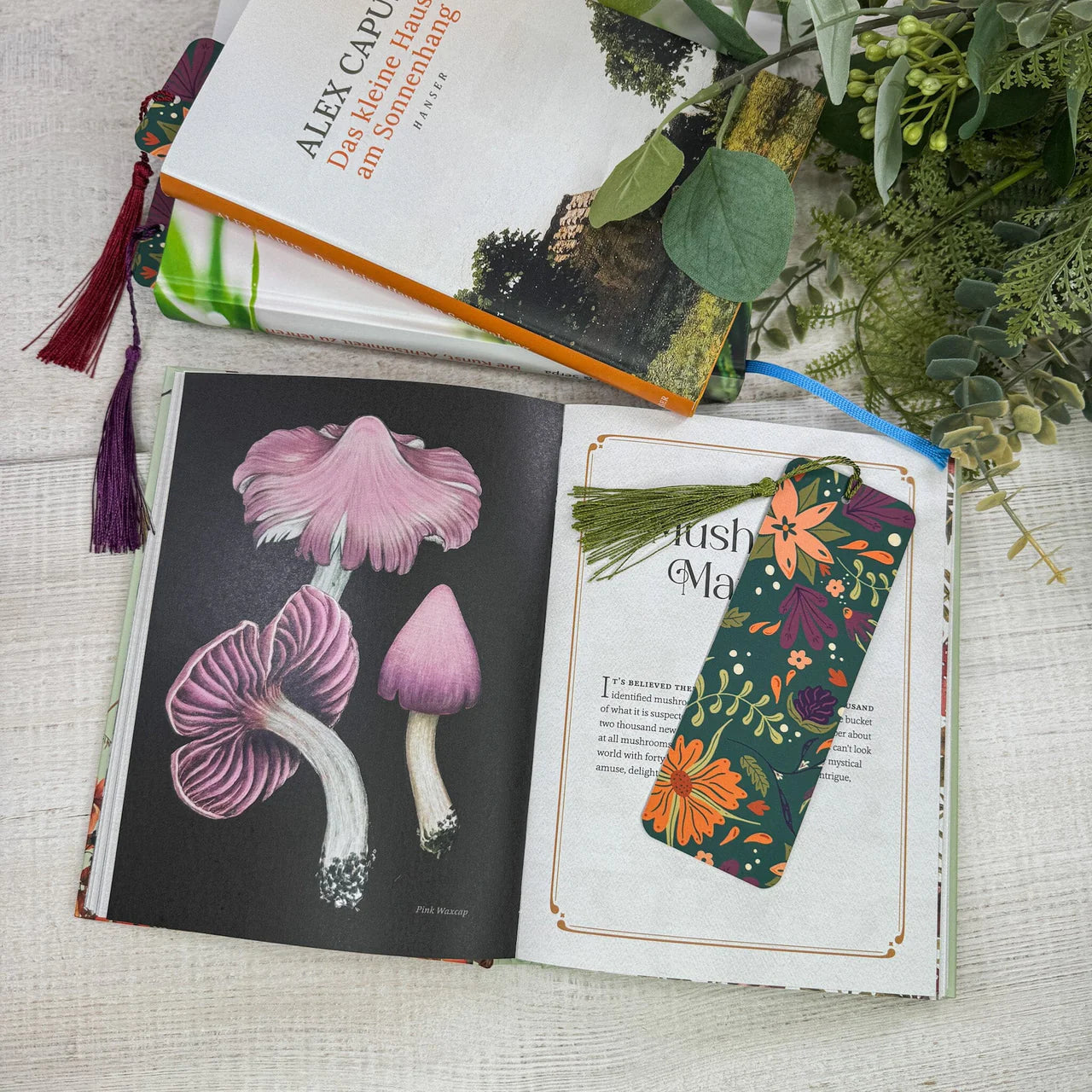 Autumnal Flower Bookmark with Tassel - in book with mushroom illustration