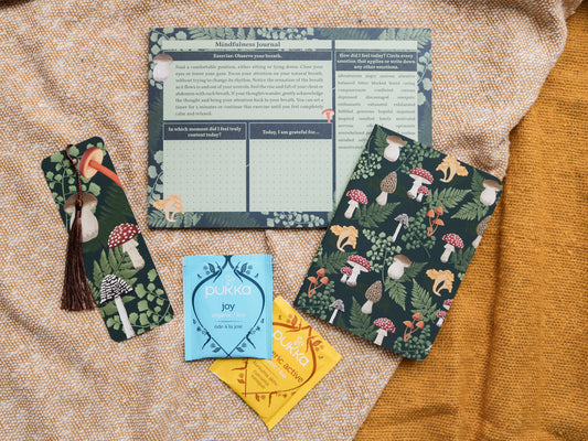 Mushroom Mindfulness Gift Bundle includes Mindfulness Journal, Small Notebook, Bookmark and Herbal Tea