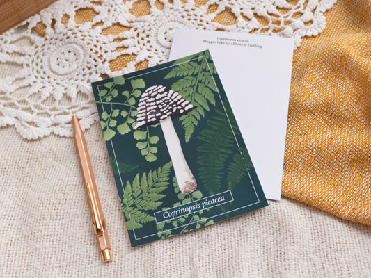 Magpie Inkcap Mushroom Postcard with pen