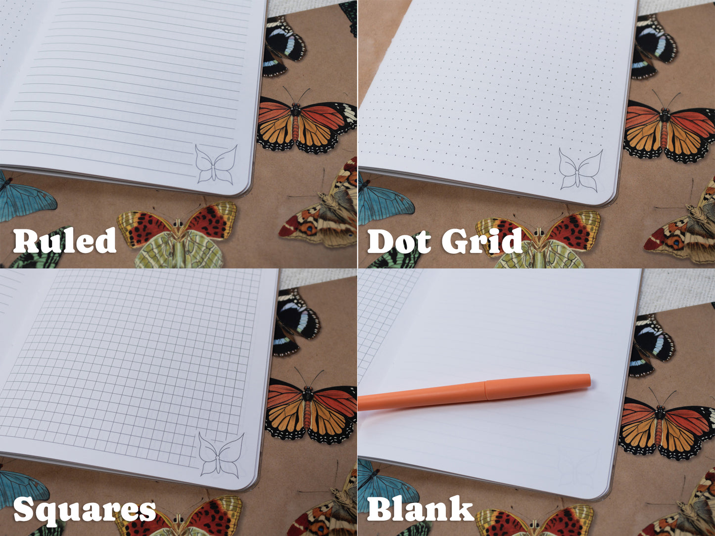 A5 Handmade Notebook with Soft Cover Journal and Vintage Butterfly Pattern - inside options: ruled, dot grid, squares, blank