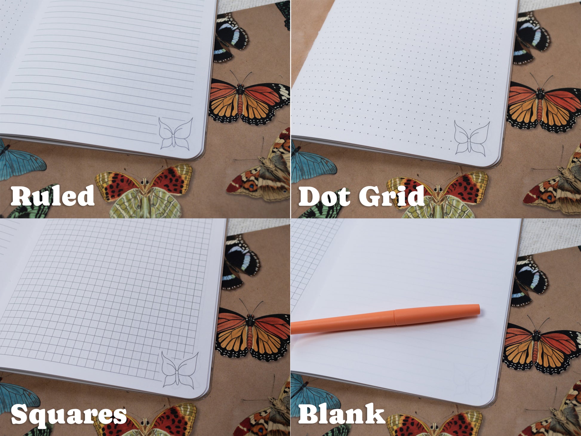 A5 Handmade Notebook with Soft Cover Journal and Vintage Butterfly Pattern - inside options: ruled, dot grid, squares, blank