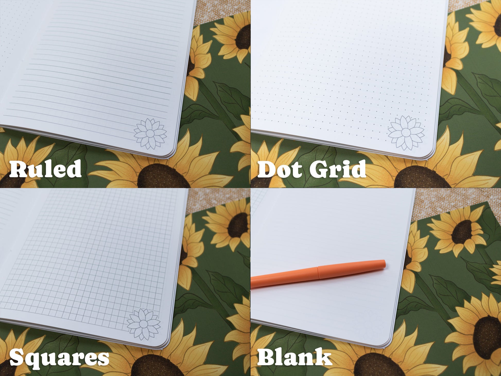 A5 Handmade Notebook with Sunflower Design - inner options: ruled, dot grid, squares, blank