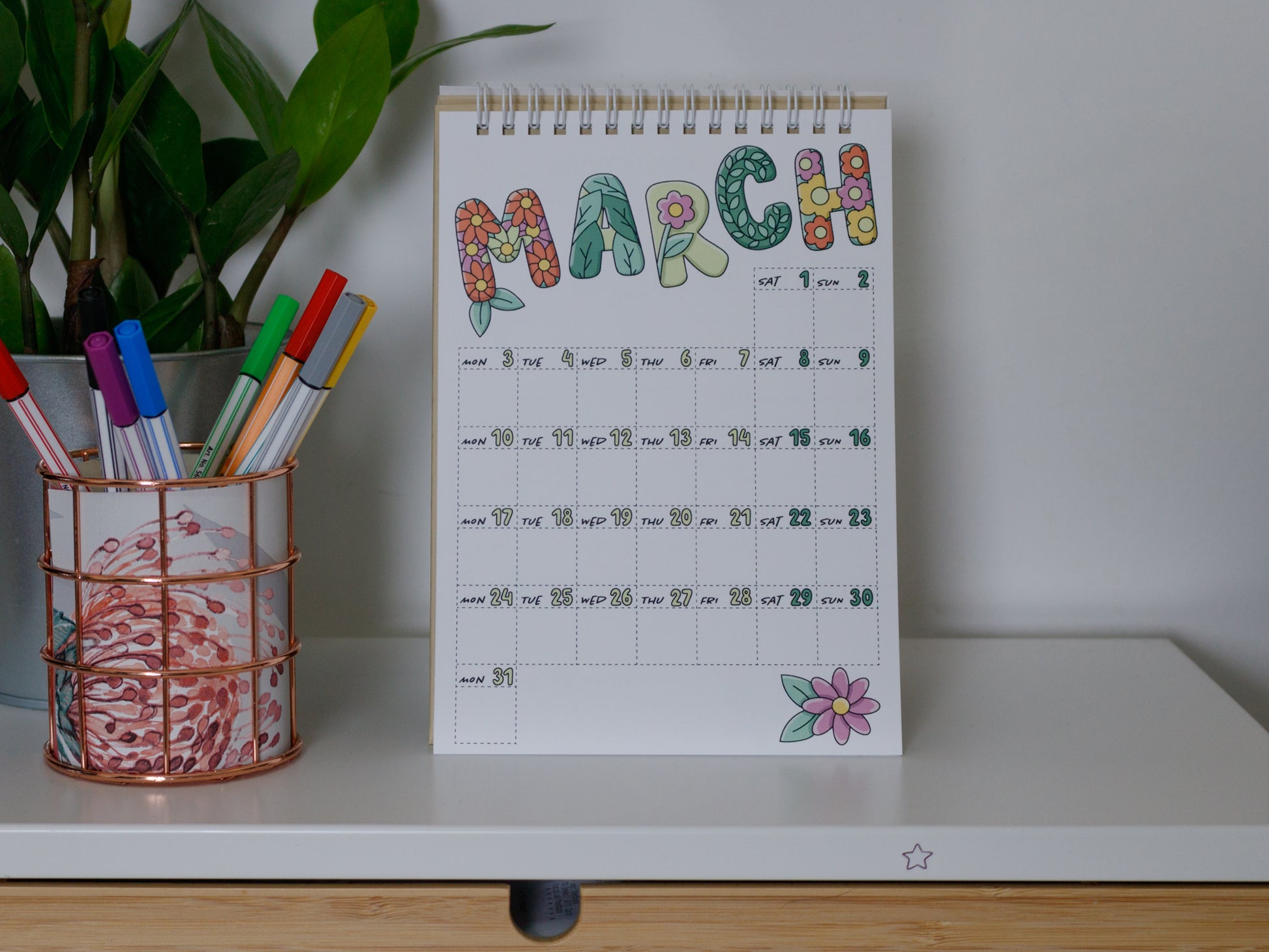 2025 Colourful Desk Calendars - March Page with Floral Design