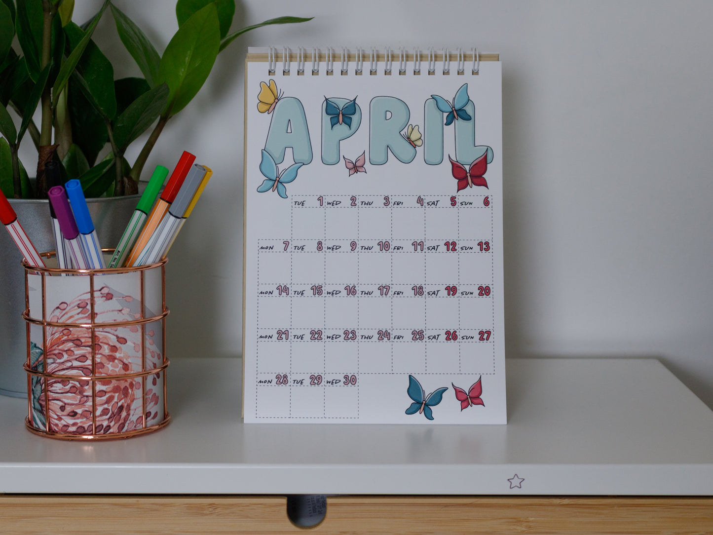 2025 Colourful Desk Calendars - April Page with Butterflies