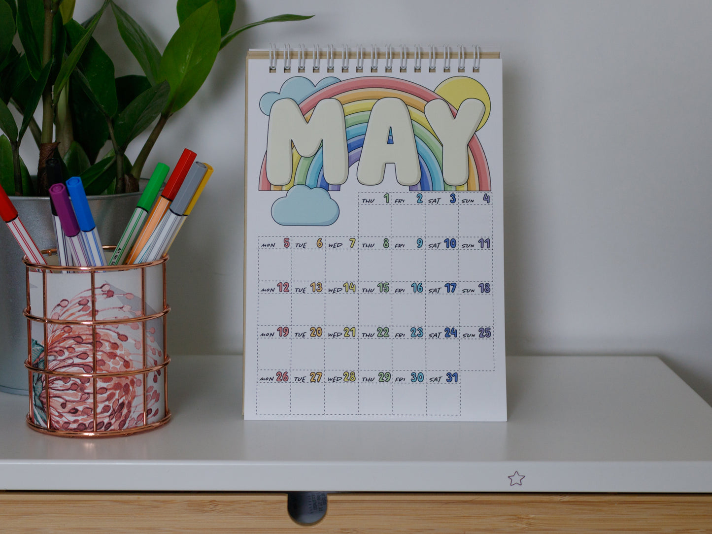2025 Colourful Desk Calendars - May Page with Rainbow Design