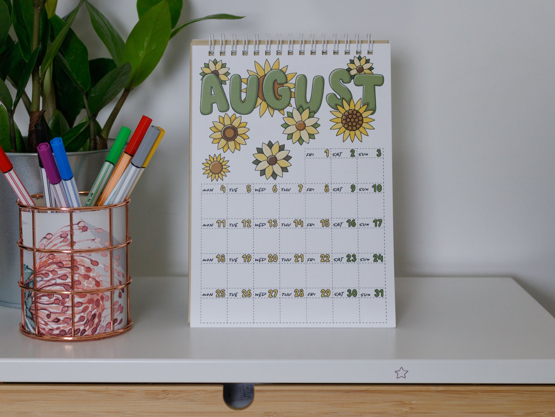 2025 Colourful Desk Calendars - August with Sunflower Design